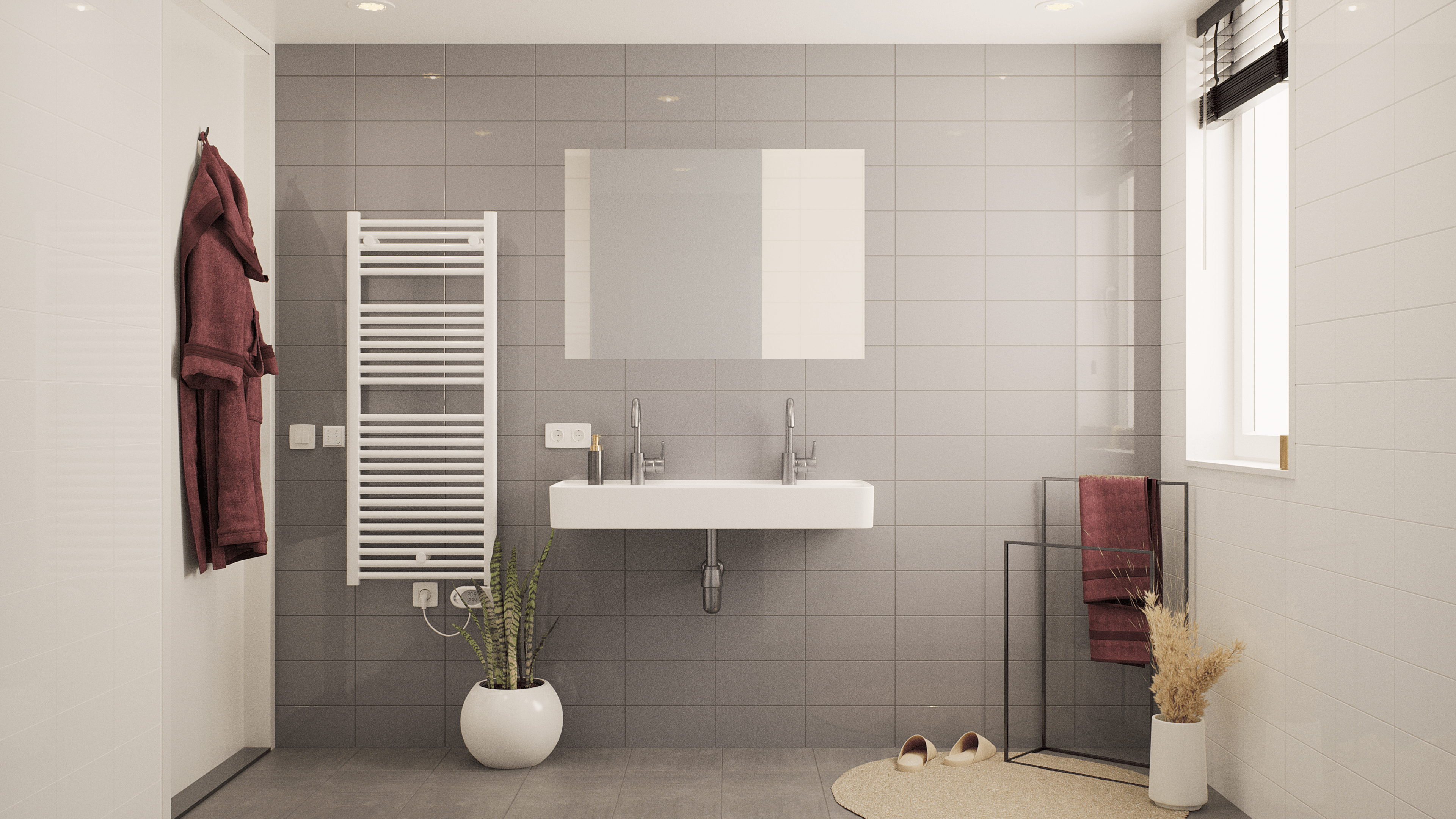 render badkamer woningserie 2 en 3 - Luxe - wastafel en radiator - grijze tegels