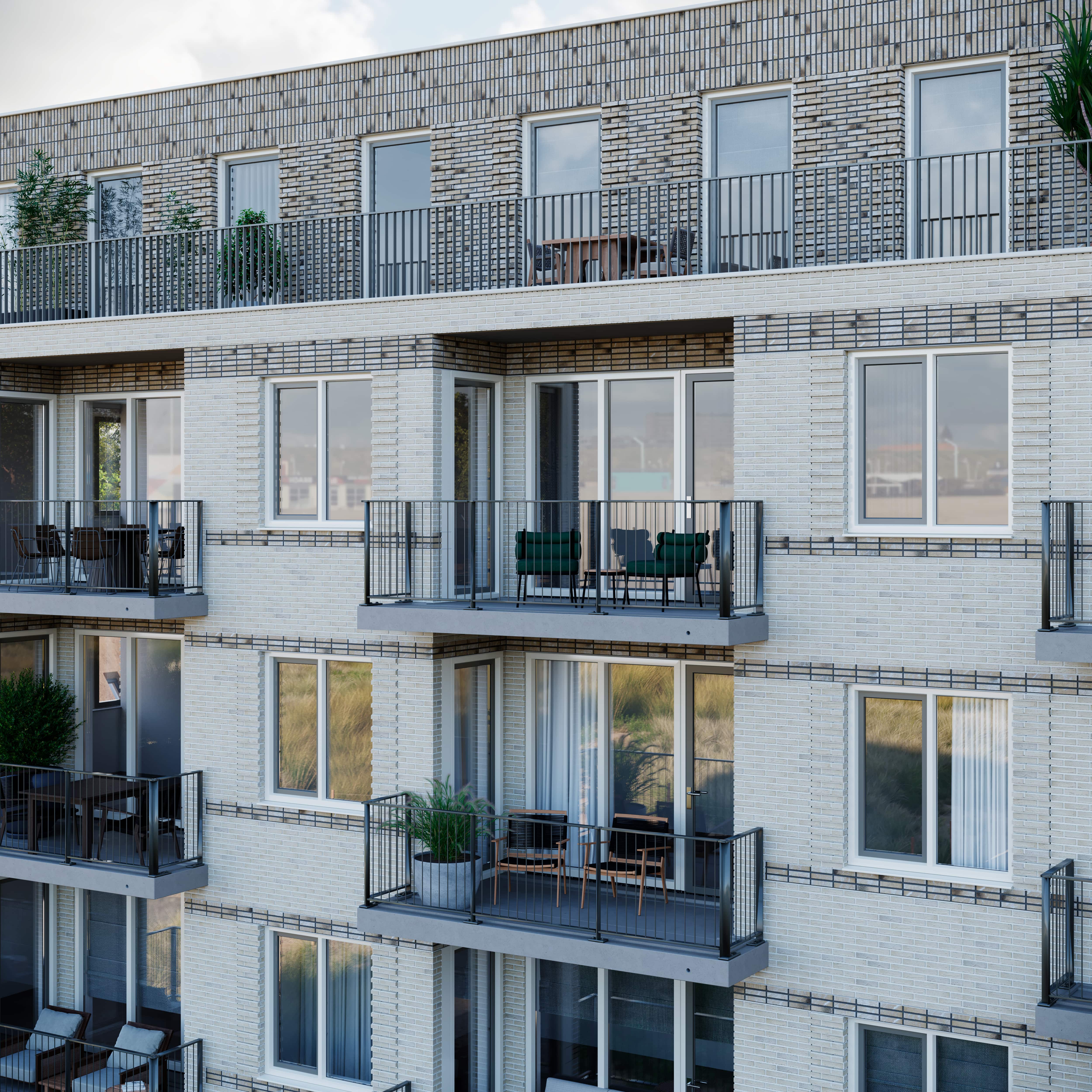 Impressie van een galerij gebouw met half inpandige balkons