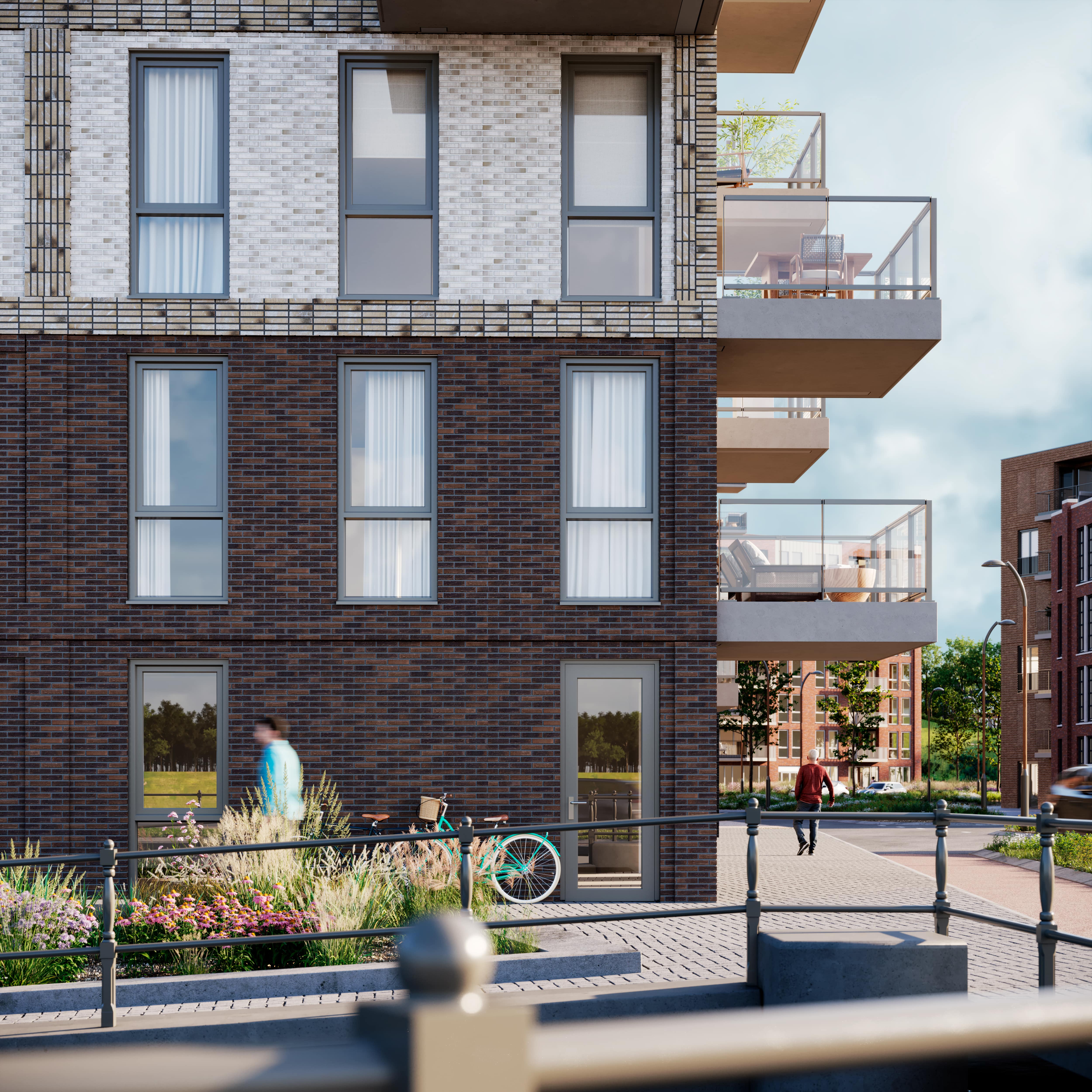 Impressie van een woontoren met uitpandige balkons