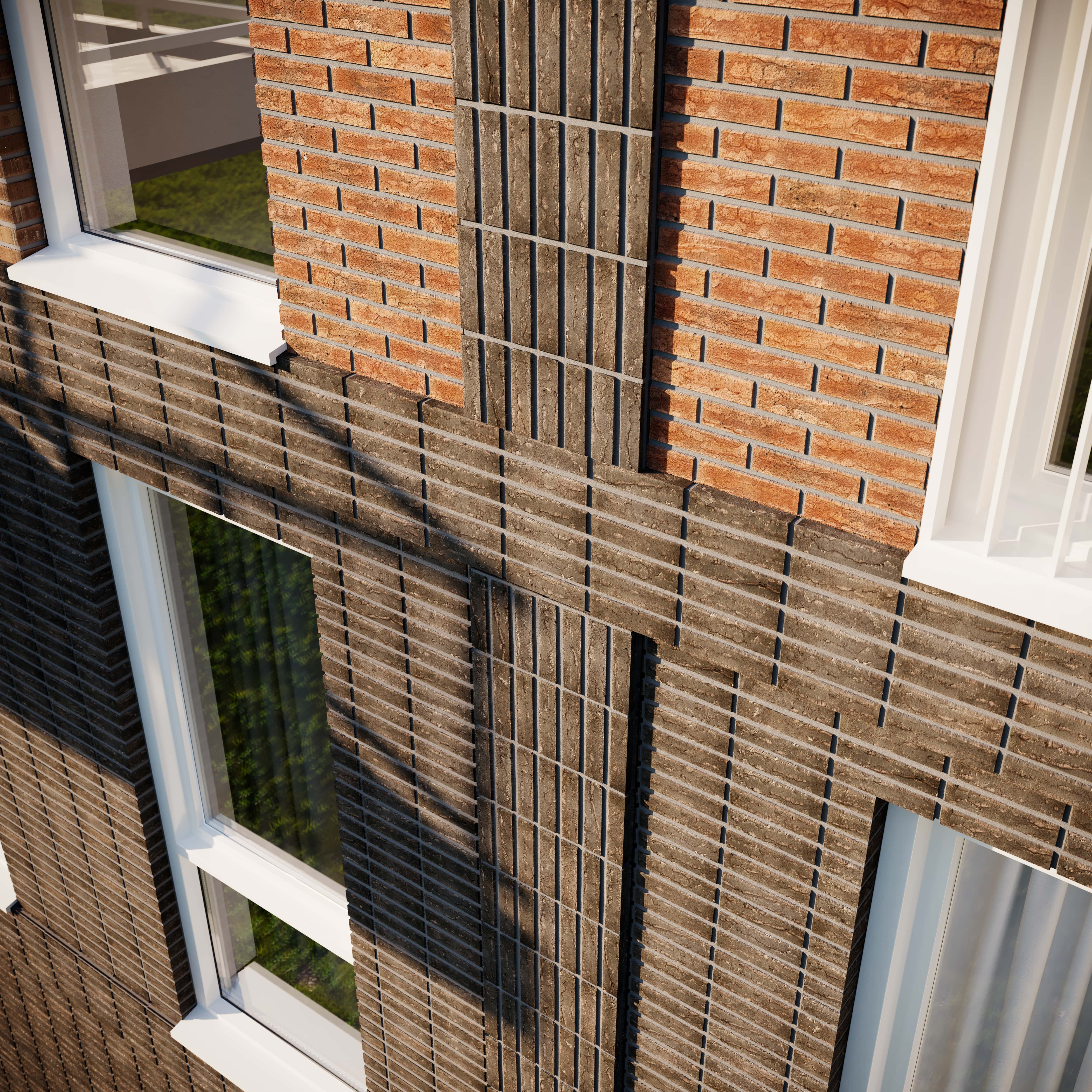 Impressie van de gevelstenen van een woontoren