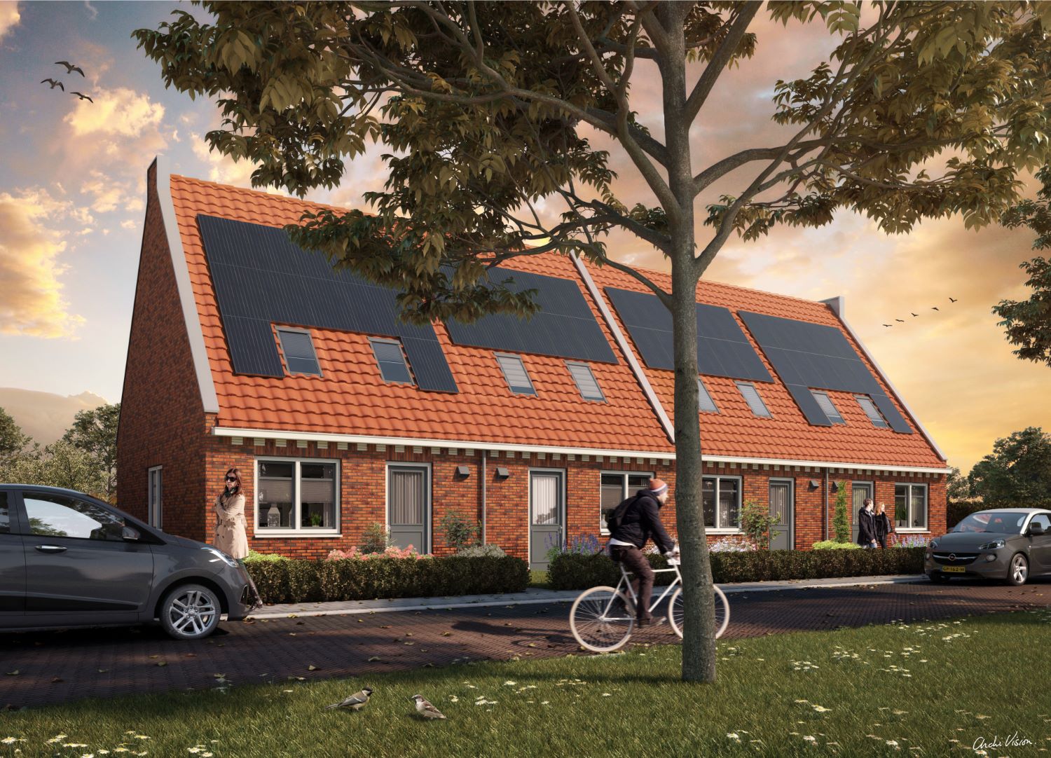 Artist Impression van de woningen in Akkrum. Eenlaags met kap.
