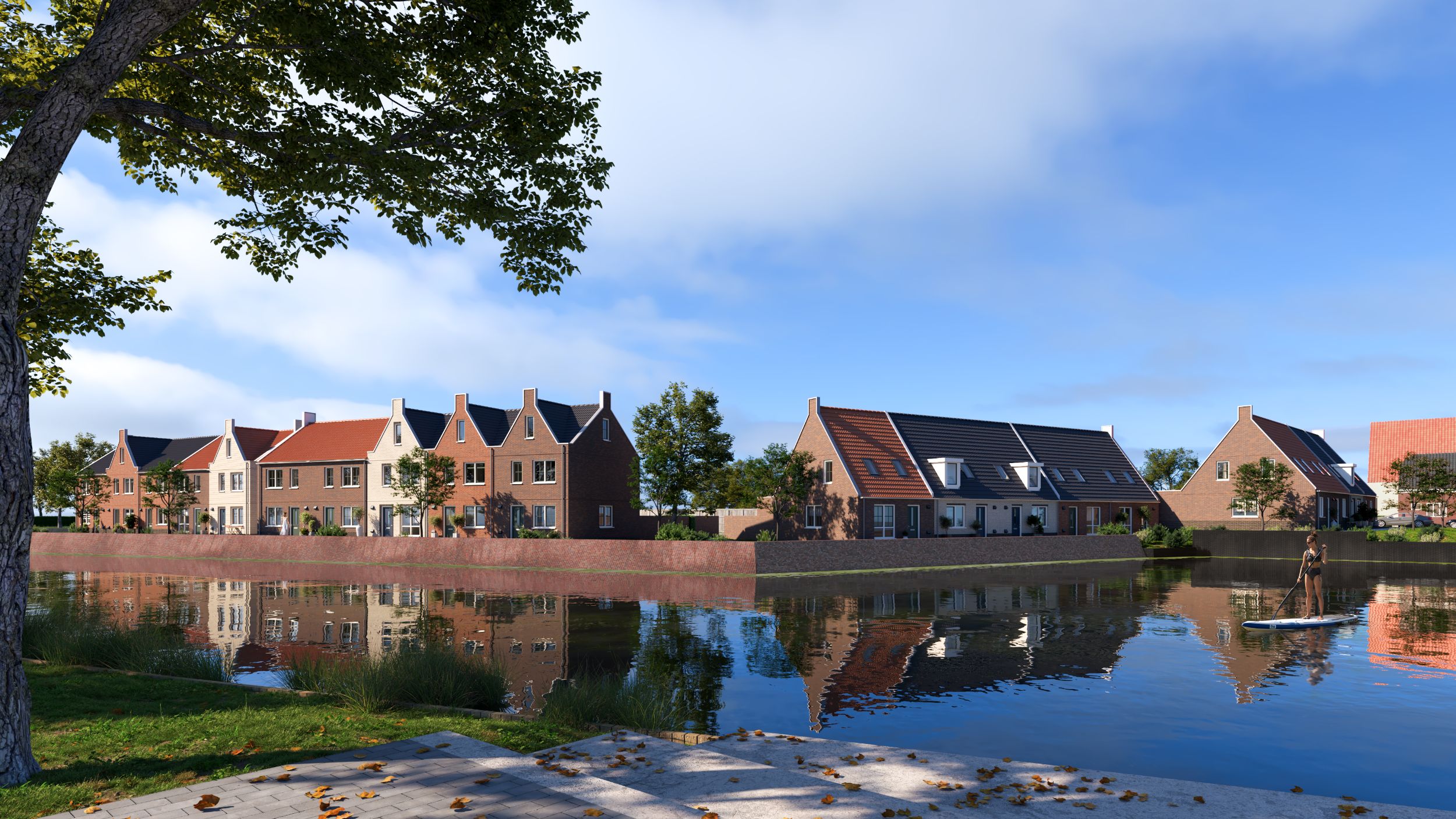 Artist Impression van het project in Bad Nieuweschans. Je ziet hier Eenlaags met kap levensloopbestendige woningen en Tweelaags met kap woningen