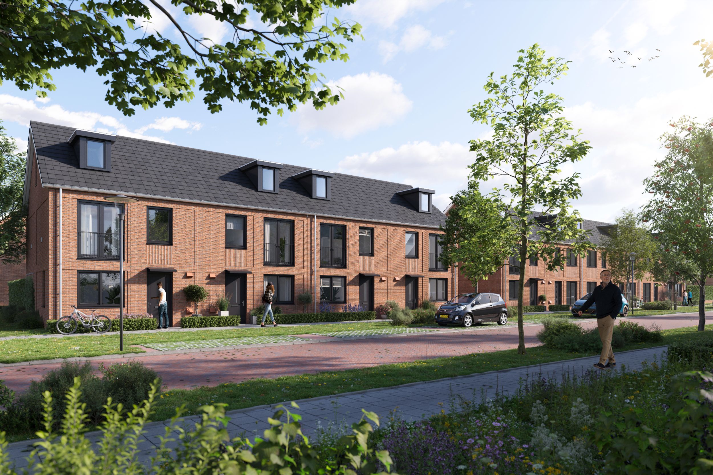 Artist Impression van de tweelaags met kap woningen met dakkappellen aan de straatkant Deventer Steenbrugge
