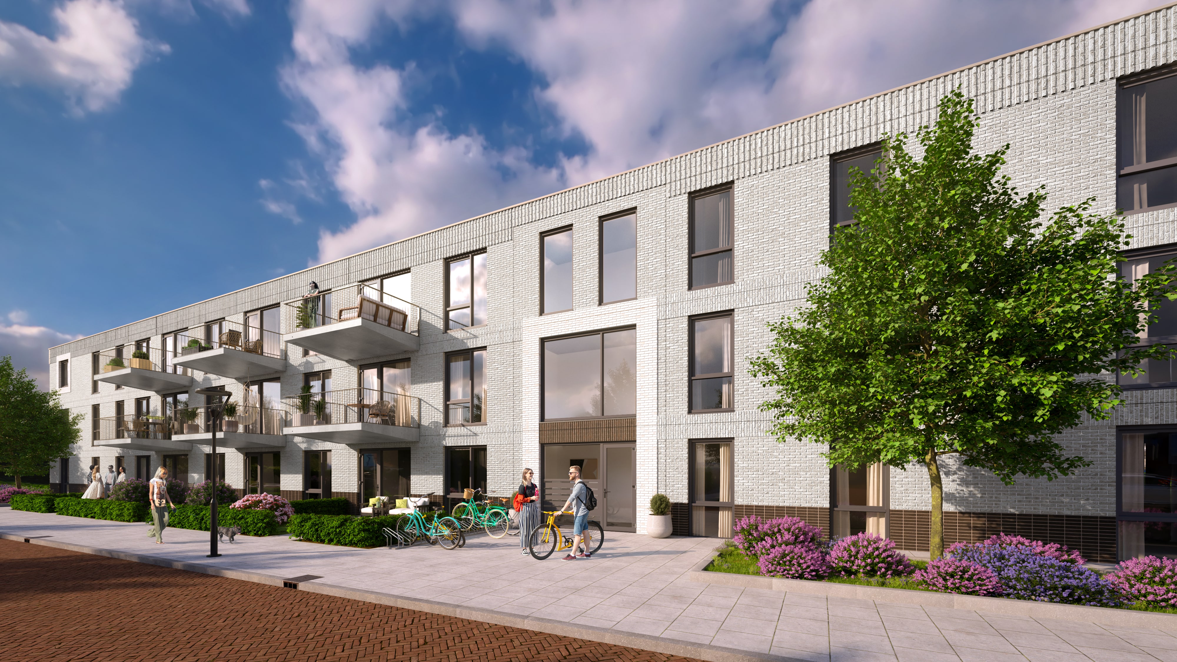 Artist Impression van de appartementen in Dronryp. Je ziet de entree op de afbeelding.