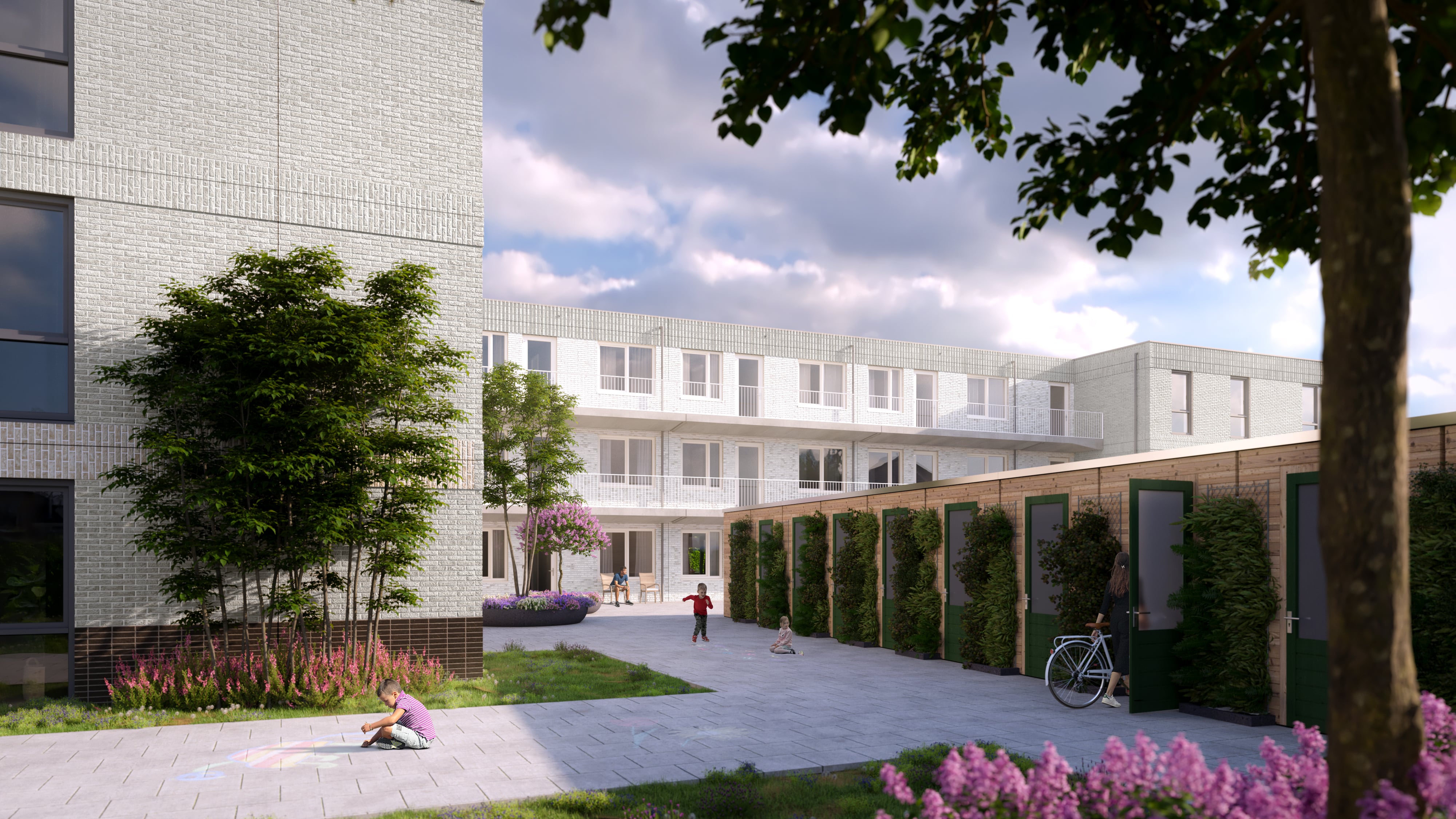 Artist Impression van de achterzijde van het galerij gebouw dat wij in Dronryp gaan realiseren. Je ziet hier het appartementengebouw en de berging