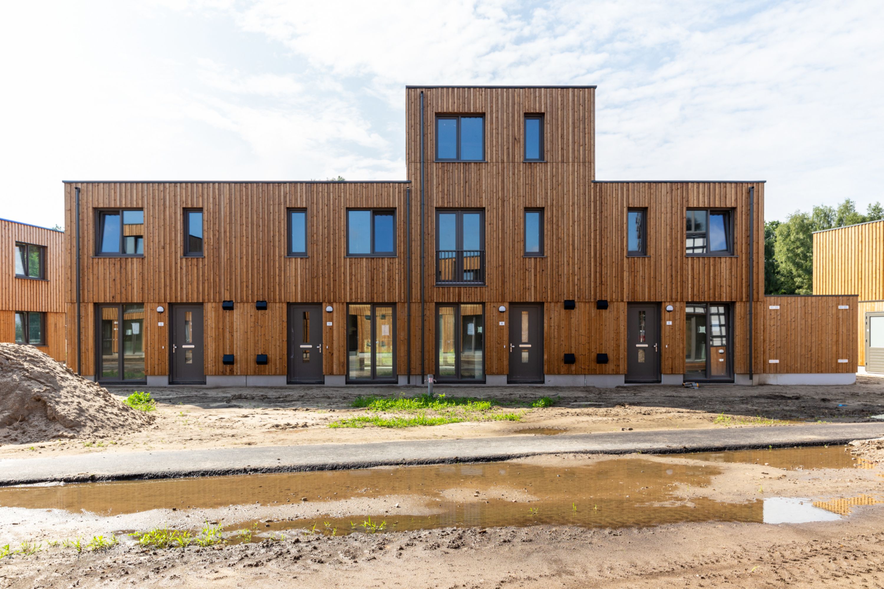 Rij gerealiseerde woningen in Eindhoven met eenmalig hout op de gevel