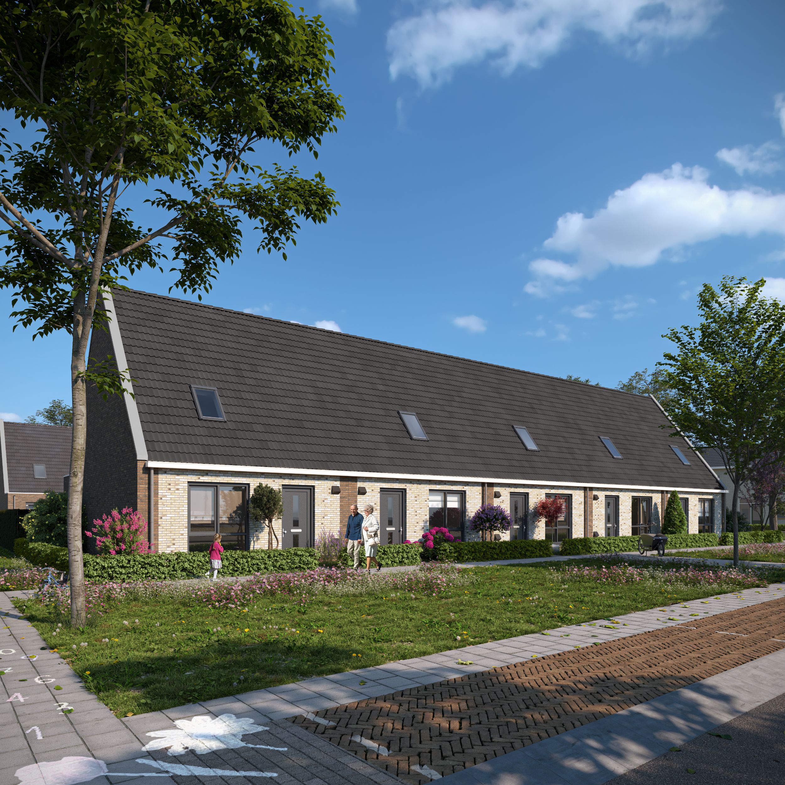 Artist Impression van de eenlaags met kap levensloopbestendige woningen die wij gaan realiseren aan de Holsterweg in het dorp Vlodrop in Limburg