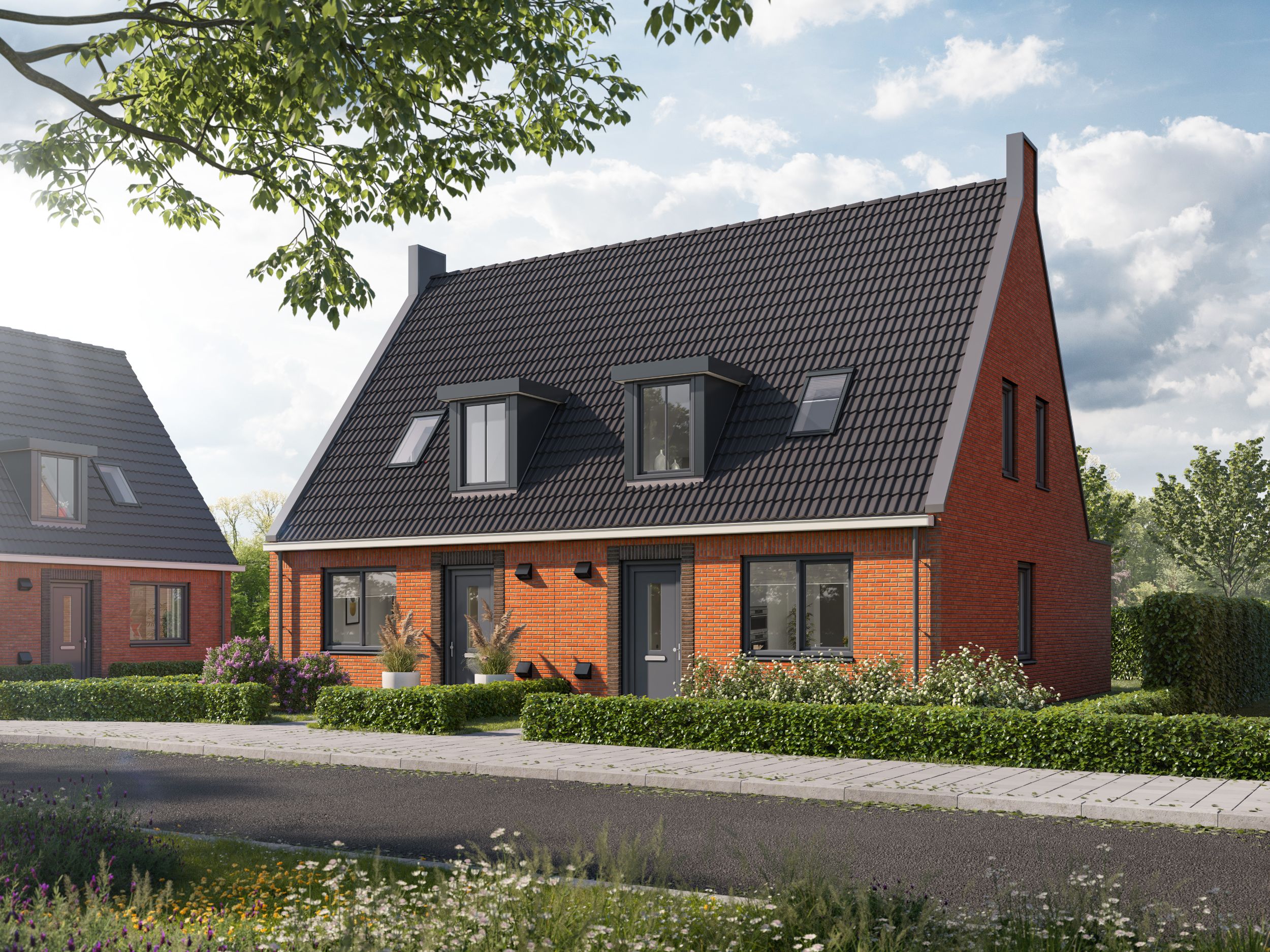 Artist Impression van de eenlaags met kap levensloopbestendige woningen die wij realiseren in Hoensbroek. Je ziet twee woningen met allebei een kleine dakkapel