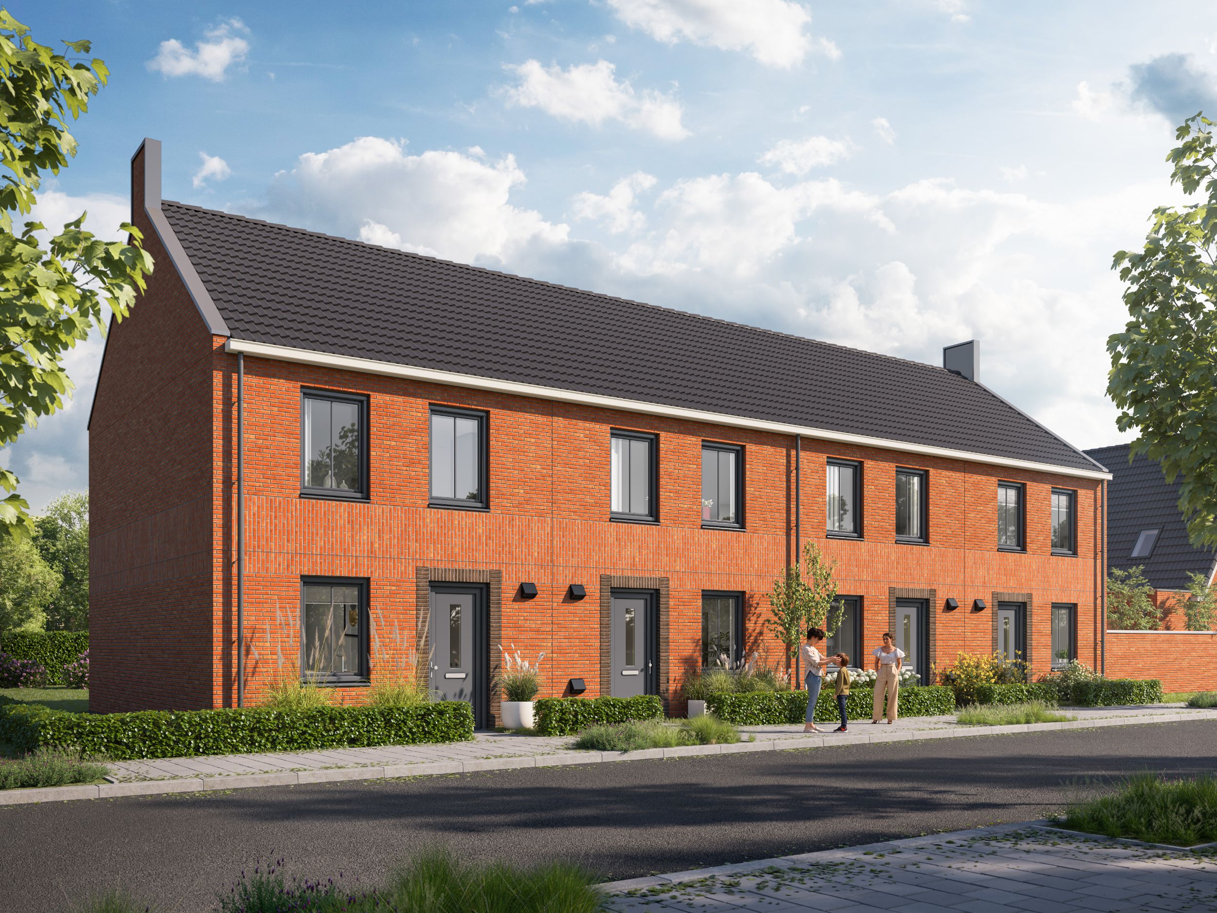 Artist Impression van een rij tweelaags met kap woningen die wij realiseren aan de Emmastraat in Hoensbroek