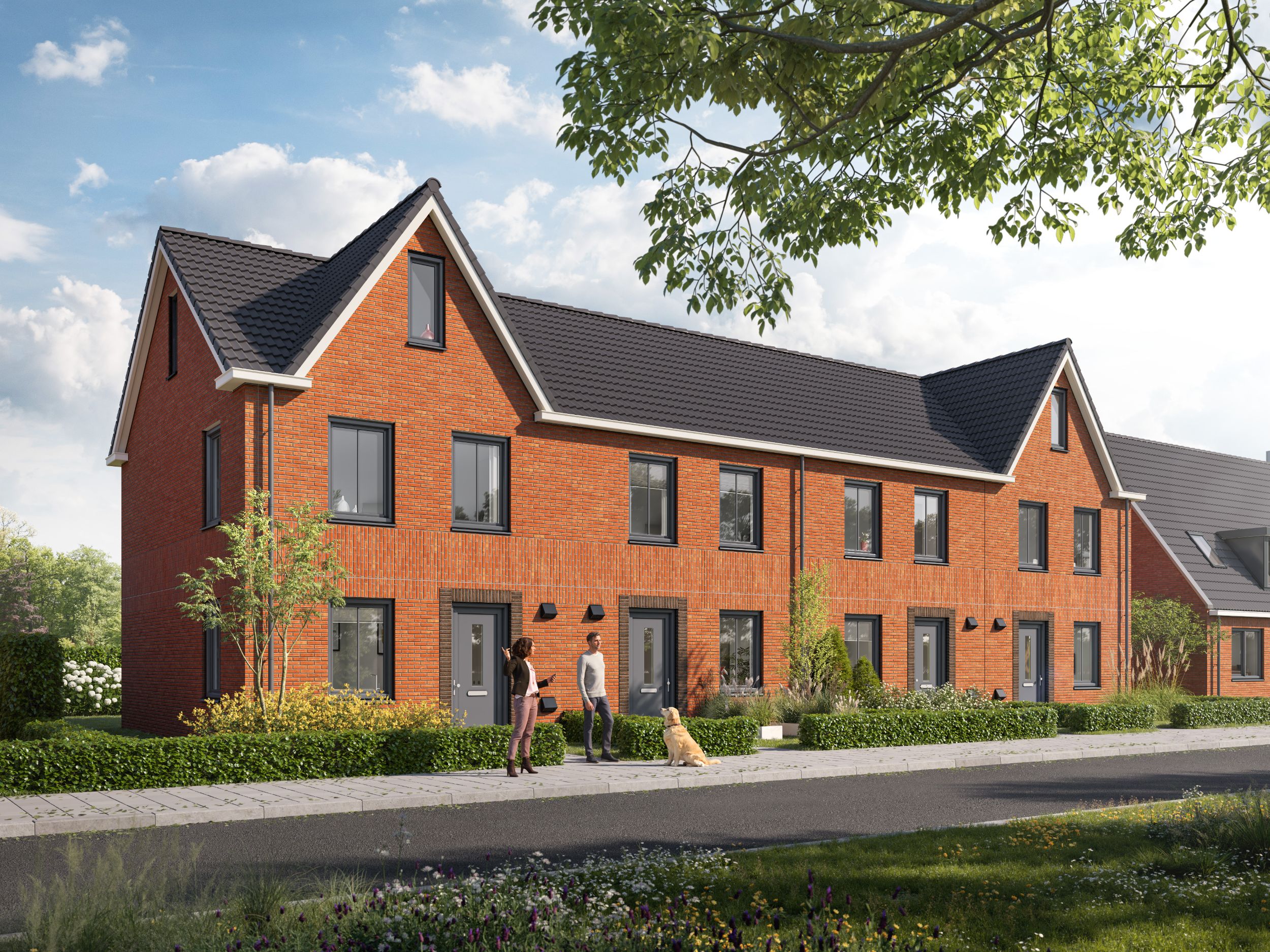 Artist Impression van de tweelaags met kap woningen in Hoensbroek. Je ziet een rij woningen waarvan twee een tuitgevel hebben