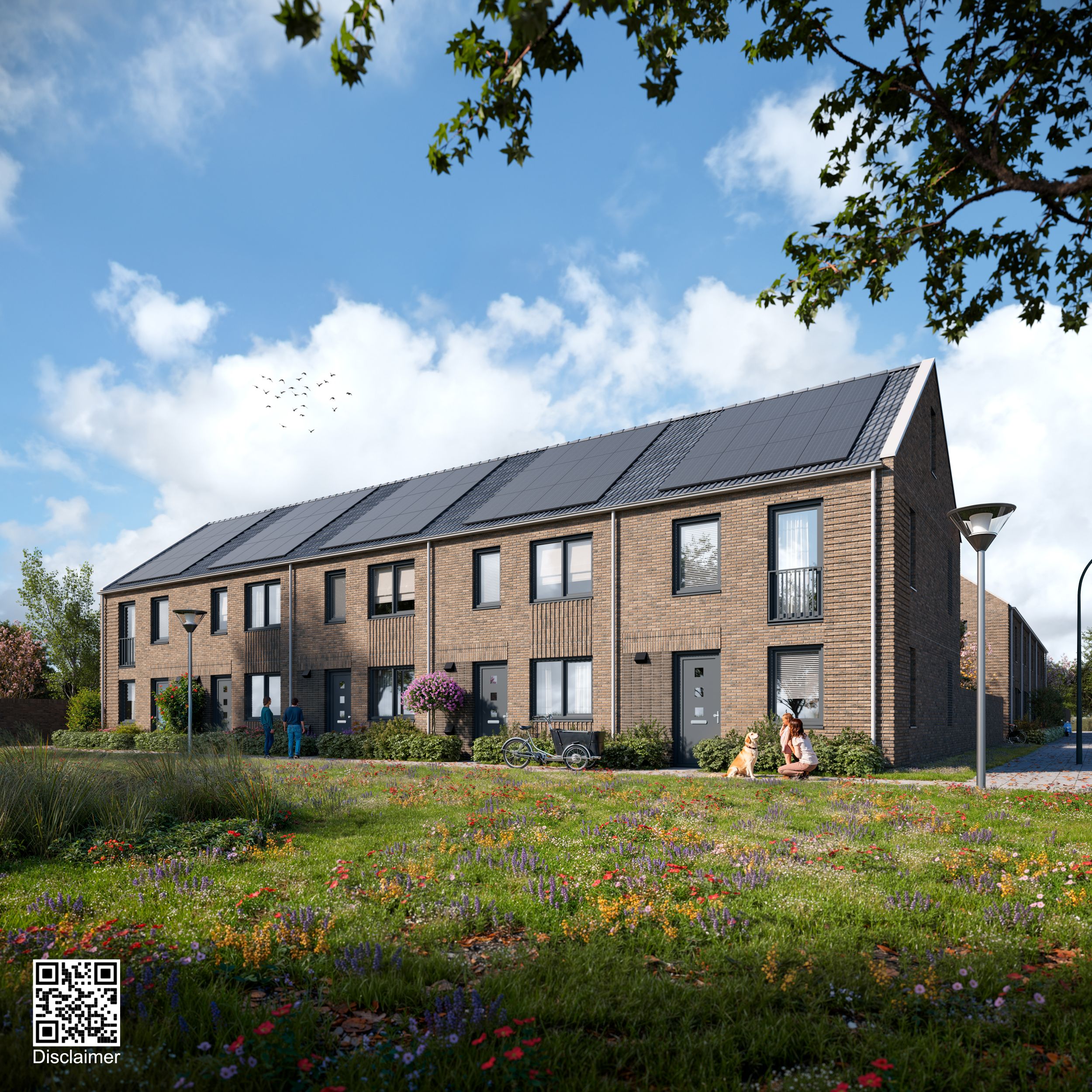 Een Artist Impression van de tweelaags met kap woningen die wij gaan realiseren in Kerkrade in de wijk Rolduckerveld. Je ziet de woningen vanaf een groenstrook die aan de voorkant ligt.