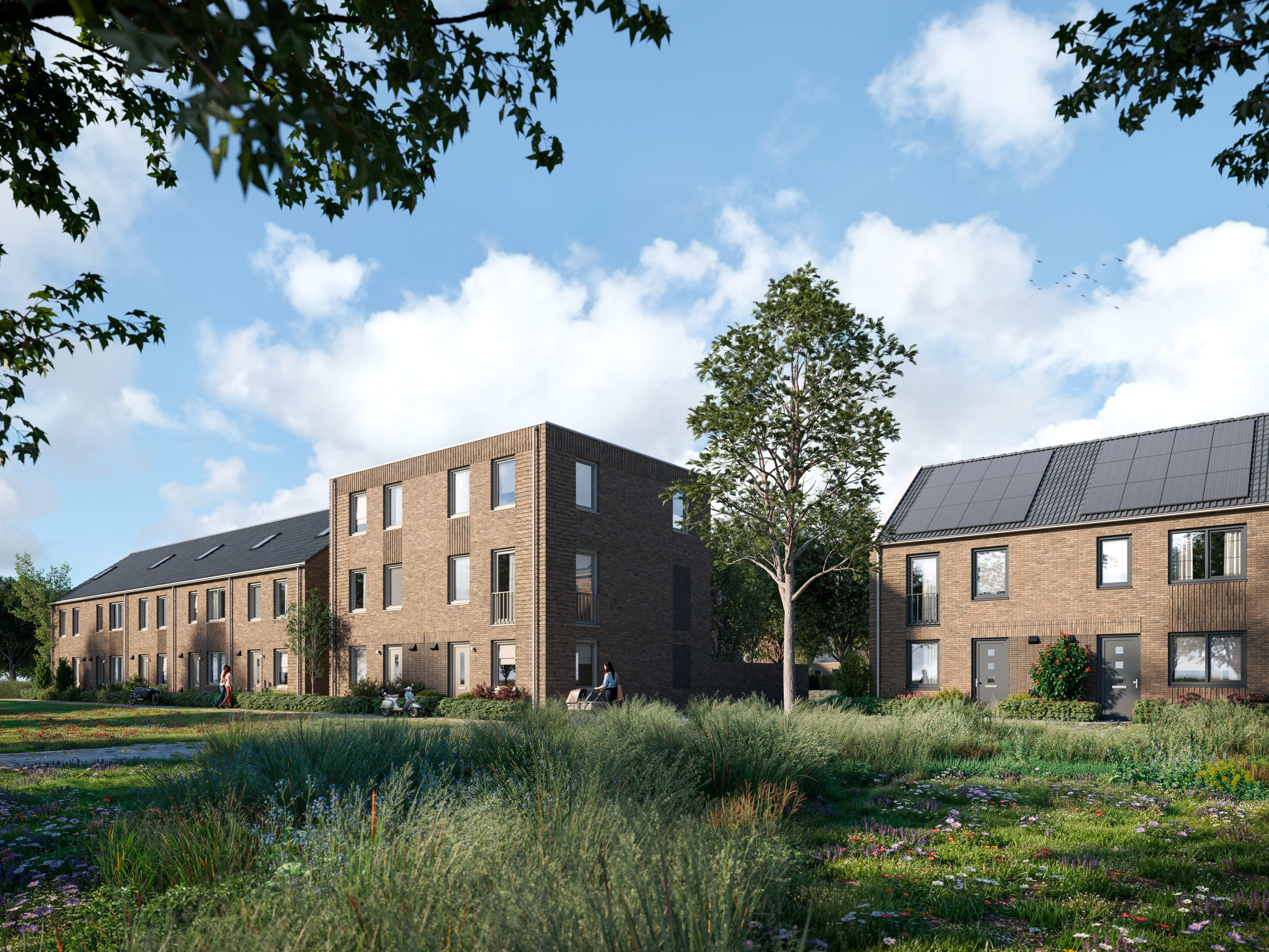 Een Artist Impression van de drielaags plat en tweelaags met kap woningen die wij gaan realiseren in Kerkrade in wijk Rolduckerveld.