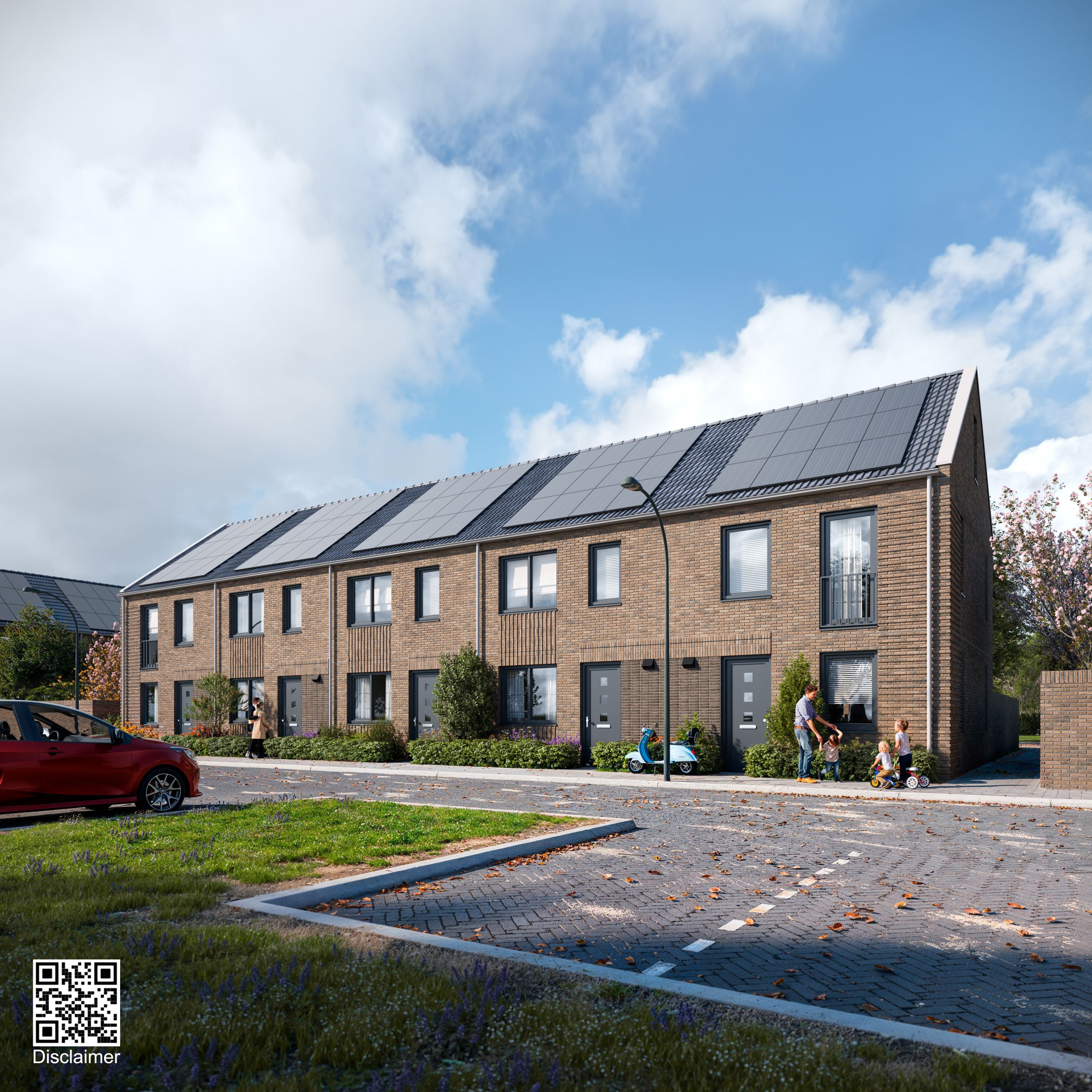 Een Artist Impression van de tweelaags met kap woningen die wij gaan realiseren in Kerkrade in de wijk Rolduckerveld. Je ziet de woningen vanaf de parkeerplaats die tegenover de entree ligt.