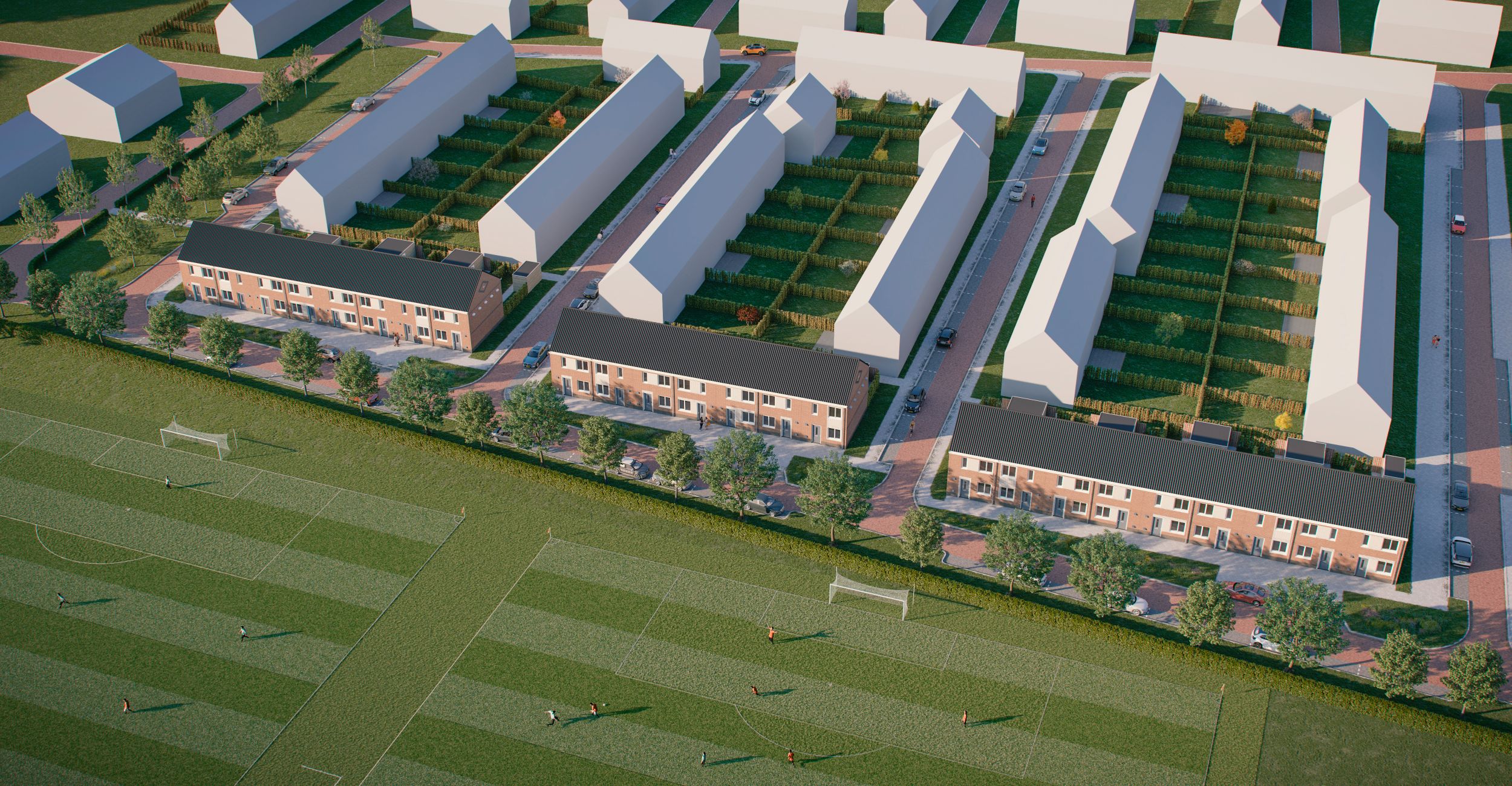Artist Impression van de woonwijk in Oss. Je ziet vanuit een vogelvlucht perspectief de rijen woningen die wij realiseren