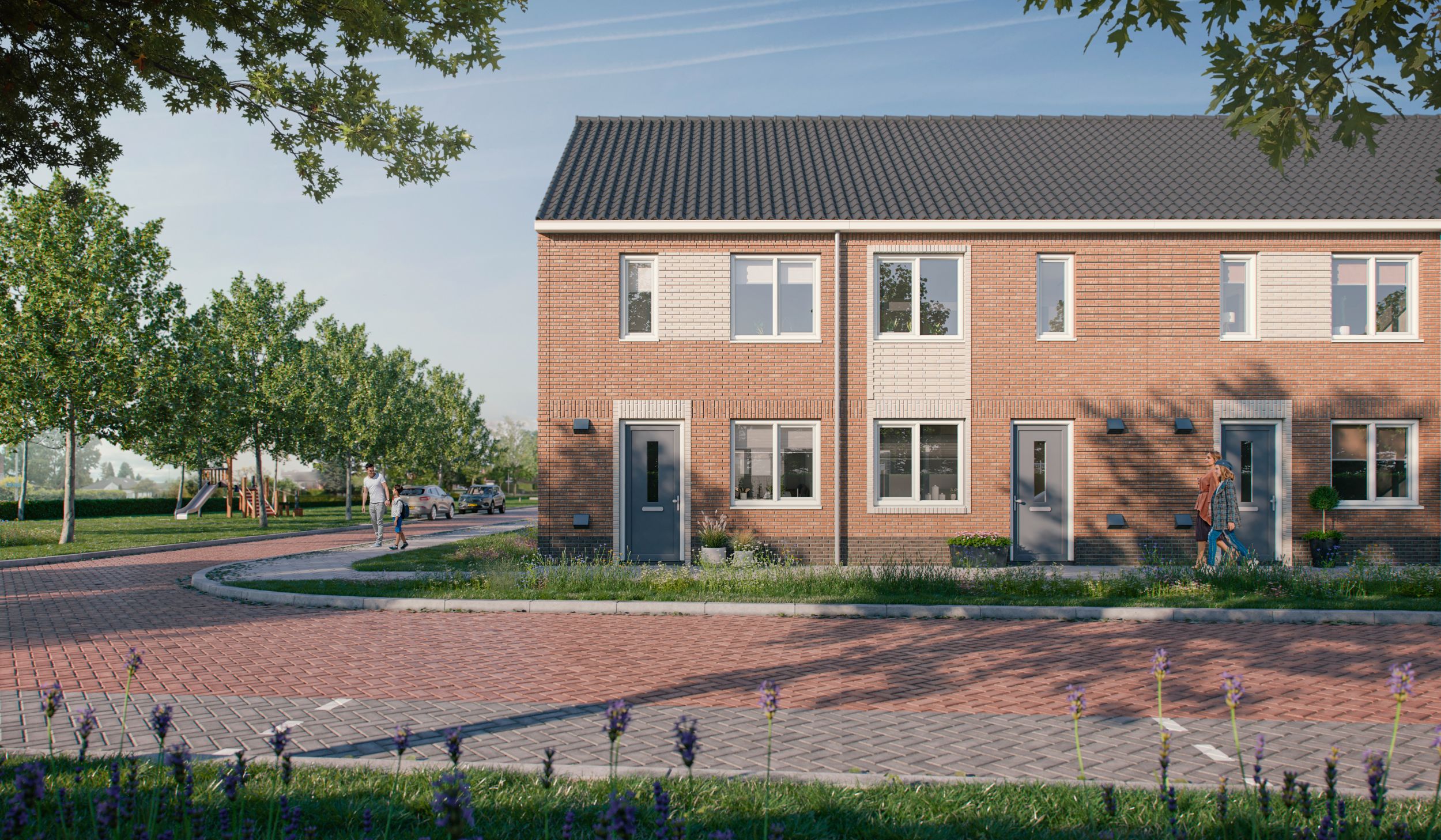 Artist Impression van de tweelaags met kap woningen in Oss. Je ziet de voorzijde van een hoekwoning