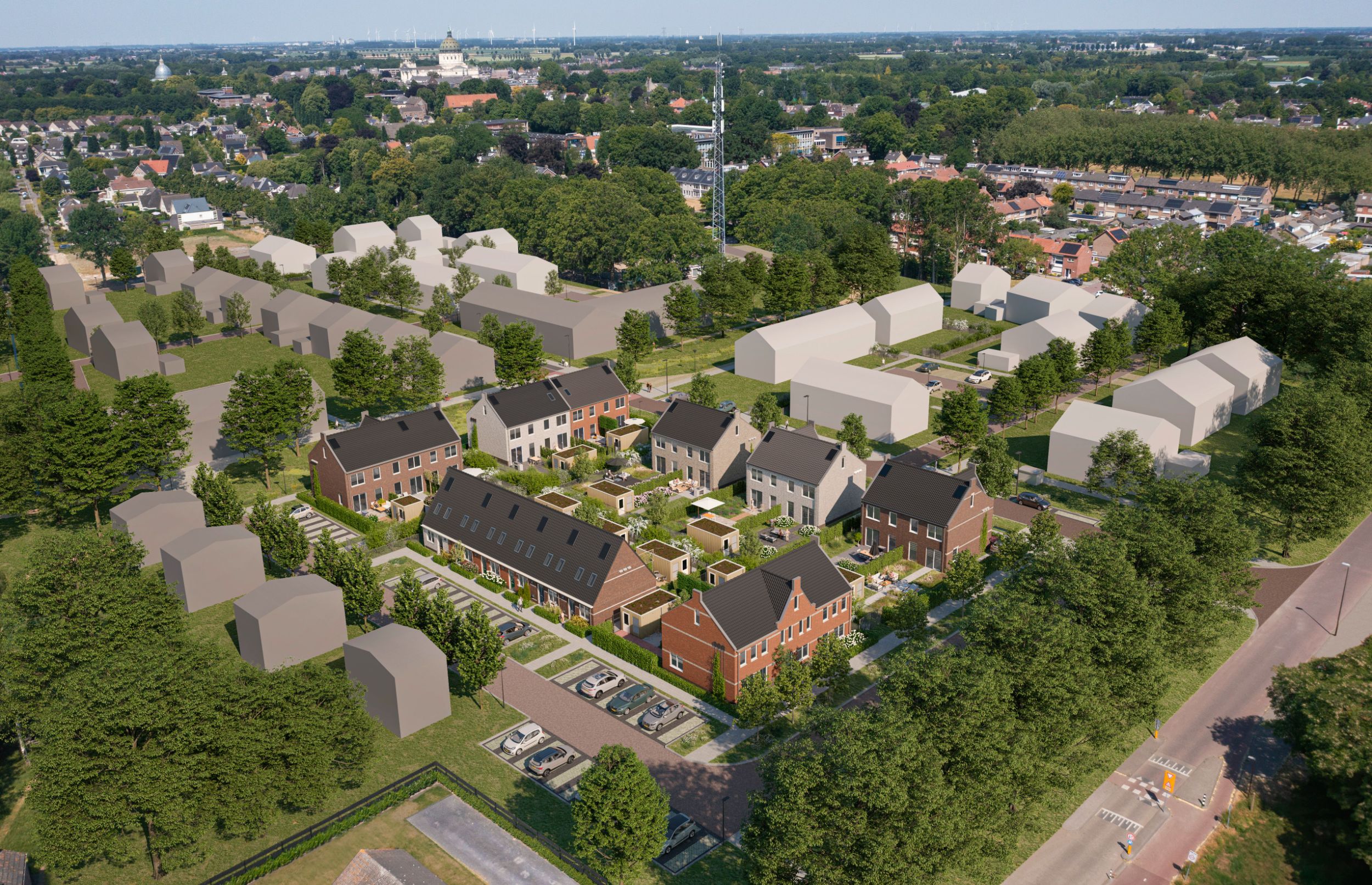 Artist Impression Drone foto van het nieuwbouwproject Groene Vaart in Oudenbosch