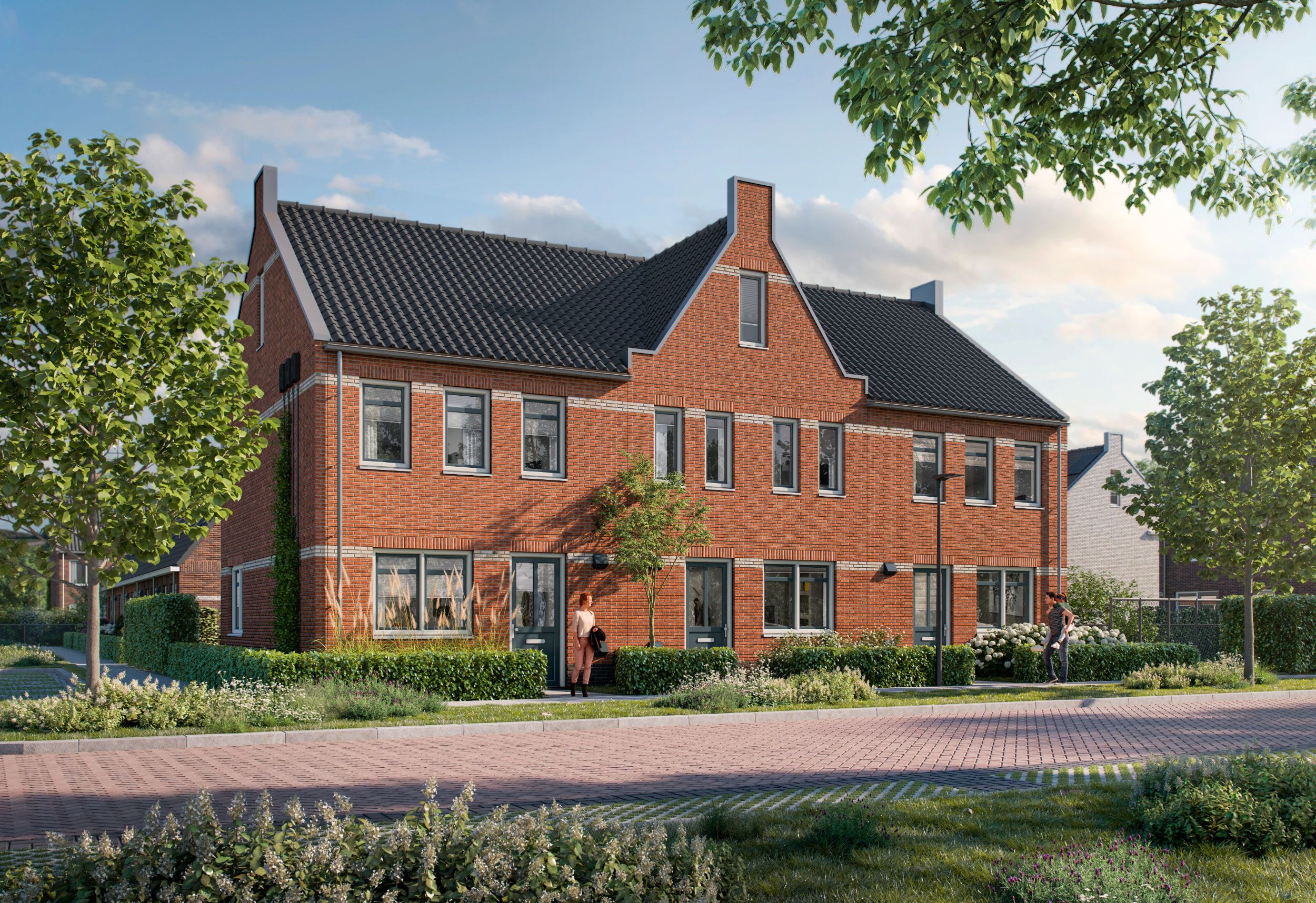 Artist Impression van drie tweelaags met kap woningen met een rode gevelsteen die we gaan realiseren in Oudenbosch