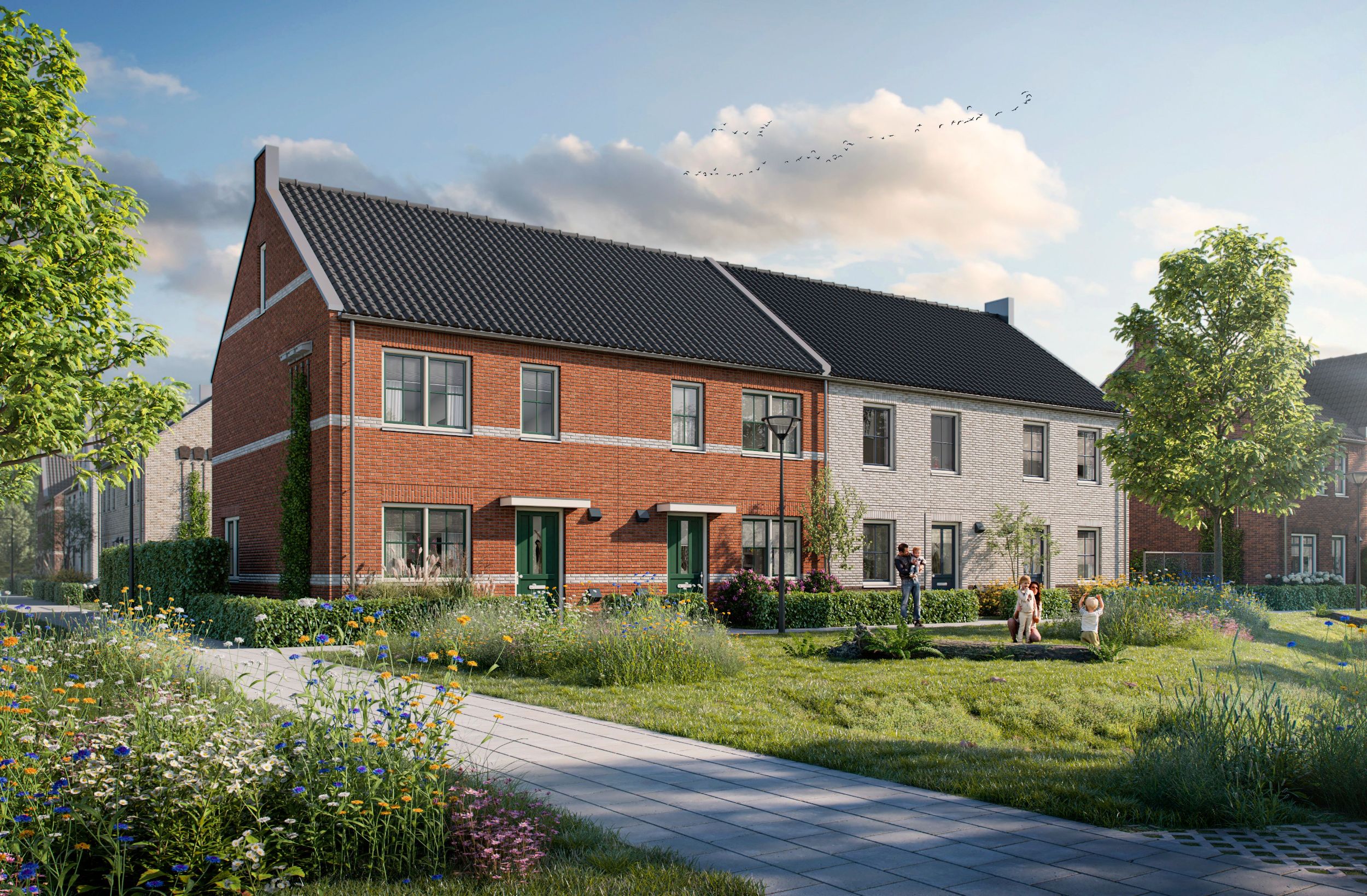 Artist Impression van een rij tweelaags met kap woningen met verschillende kleuren gevelstenen. Deze worden gerealiseerd in Oudenbosch