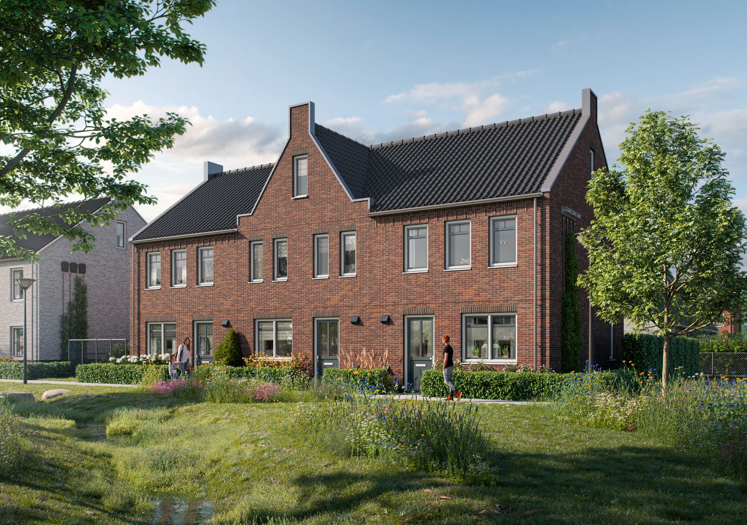 Artist Impression van de tweelaags met kap woningen met tuitgevel, met een bruine gevelsteen, in Oudenbosch