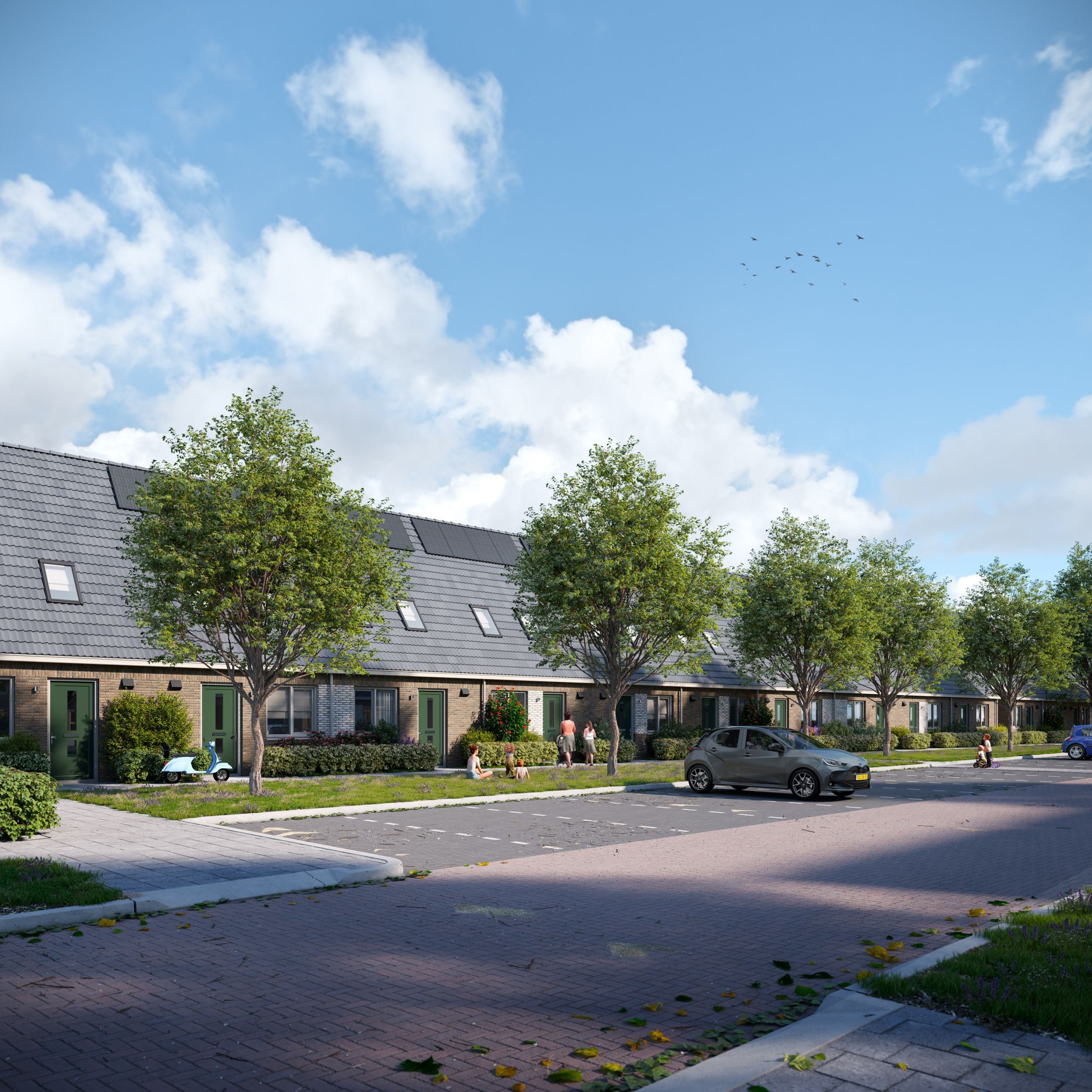 Artist Impression van de eenlaags met kap woningen die we in Roermond gaan realiseren. Je ziet de straatkant met ervoor een parkeerplaats.