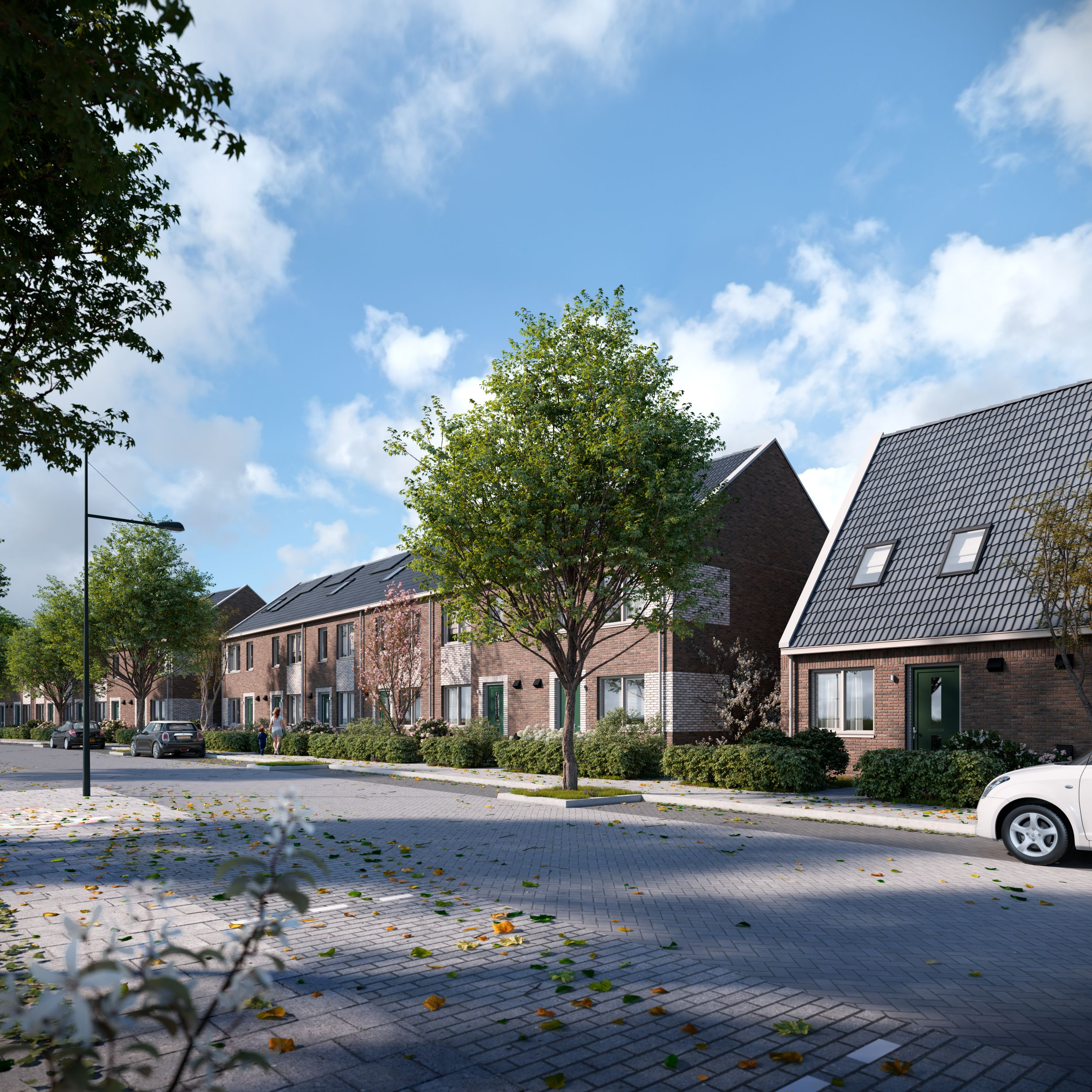 Artist Impression van de woningen in Roermond de Kemp. Je ziet tweelaags met kap en eenlaags met kap woningen