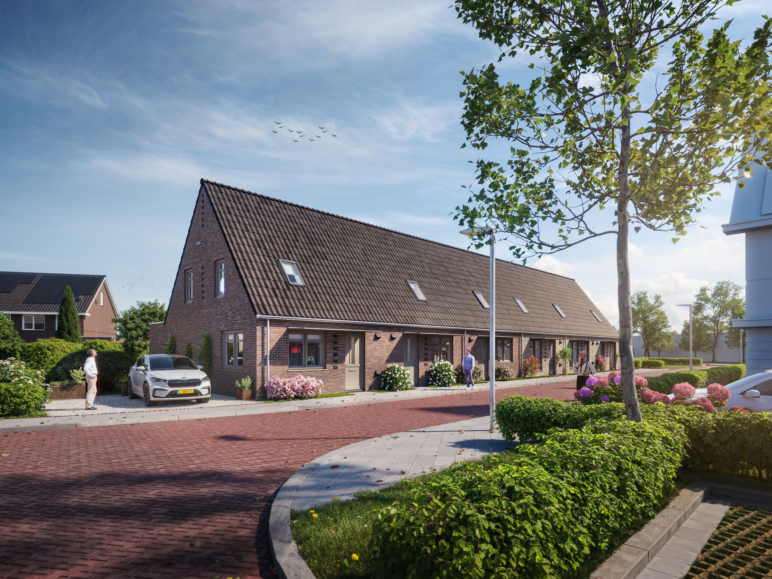 Artist Impression Eenlaags met kap woningen in Swifterbant Bocht met hoekwoning met auto naast de deur