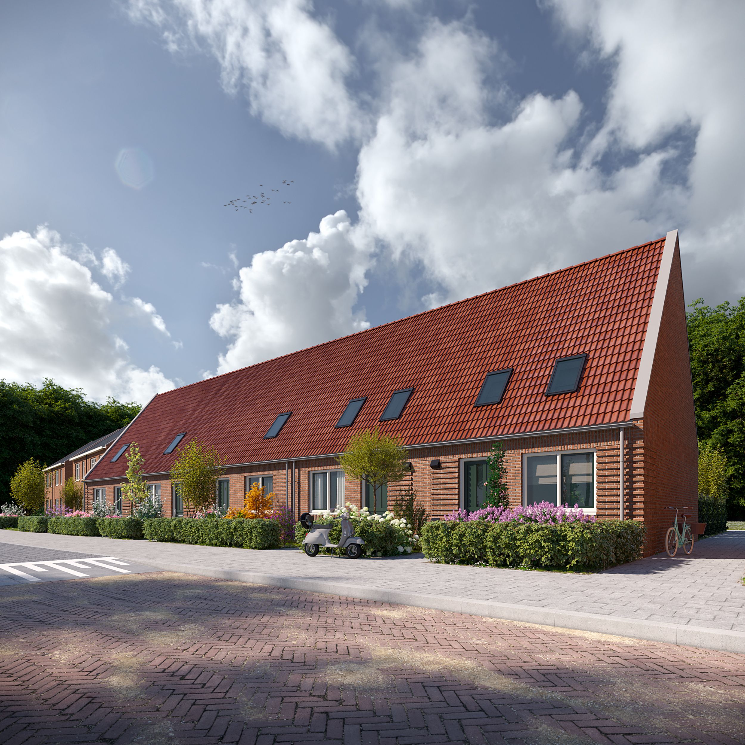 Artist Impression van de eenlaags met kap woningen die wij voor Stadlander mogen realiseren aan de Laban Deurloostraat in Scherpenisse in de gemeente Tholen