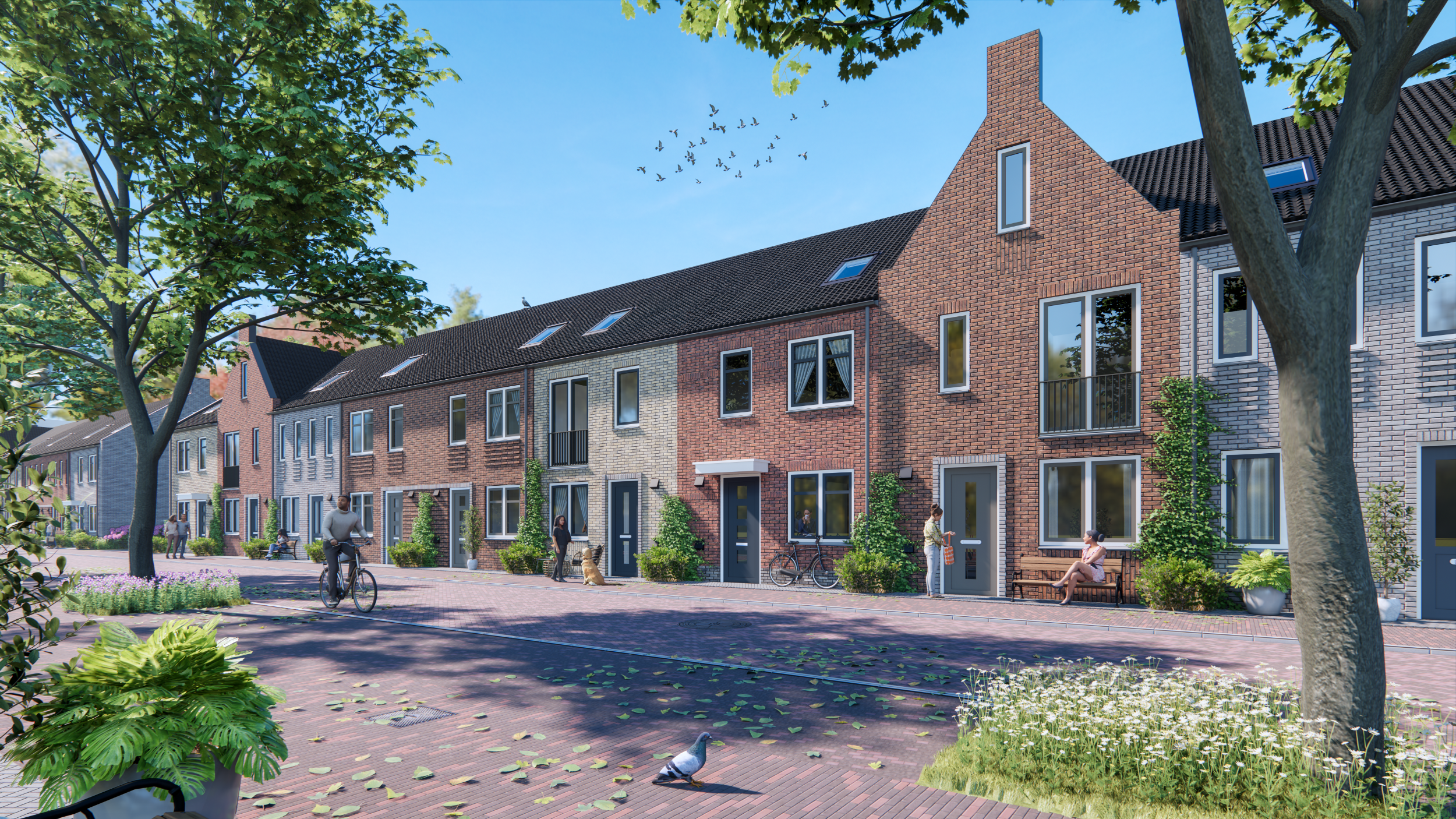 Een Artist Impression van de tweelaags met kap woningen die wij gaan realiseren in de wijk Lloyds in Vlissingen. Je ziet een rij woningen waarvan een met tuitgevel. De woningen hebben diverse kleuren metselwerk.