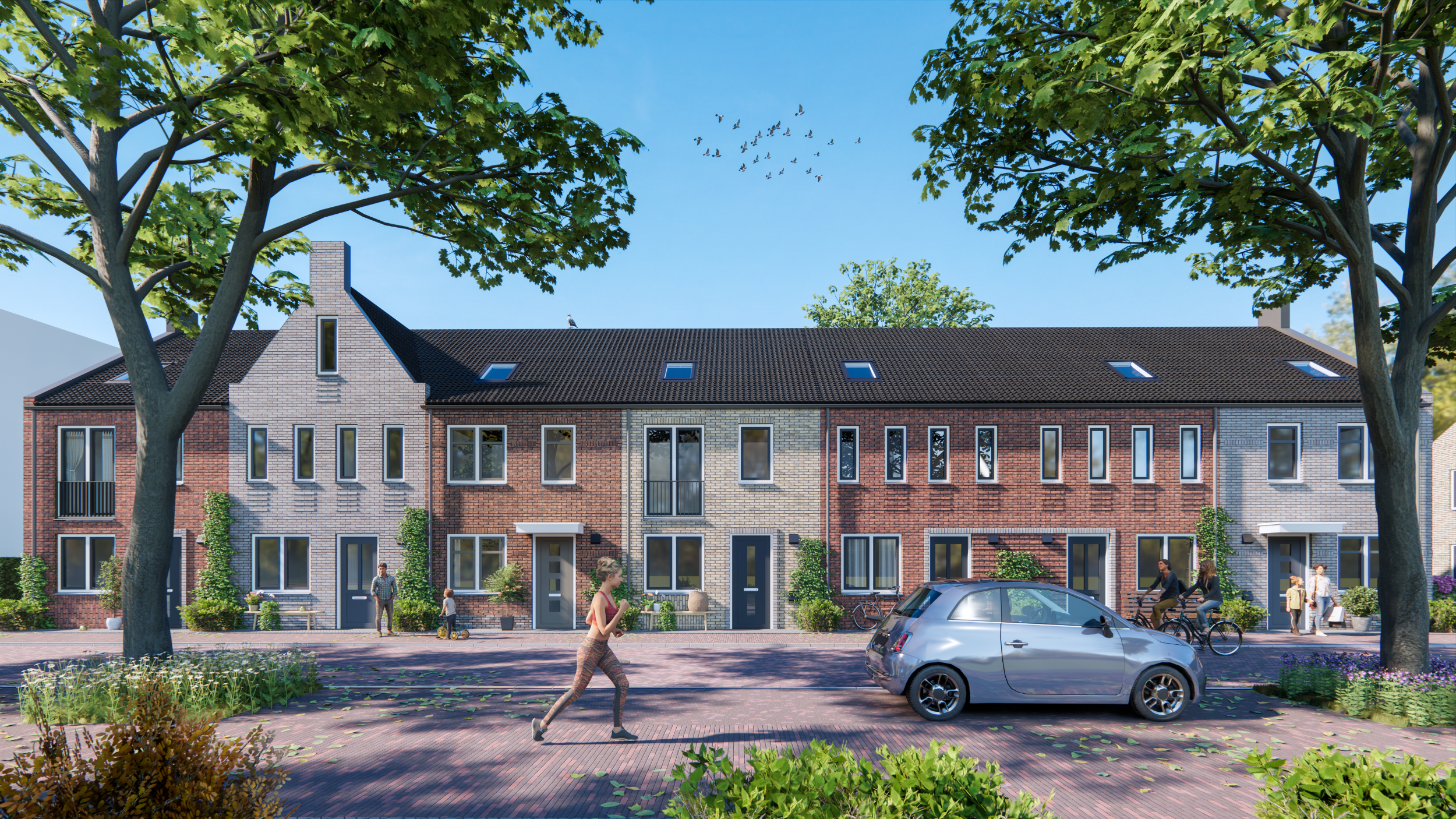 Een Artist Impression van de tweelaags met kap woningen die wij voor Hoe Wonen gaan realiseren in de wijk Lloyds in het Scheldekwartier in Vlissingen. Je ziet de voorkant van een rij woningen met diverse kleuren metselwerk en gevelopeningen. Een van de woningen heeft een tuitgevel.