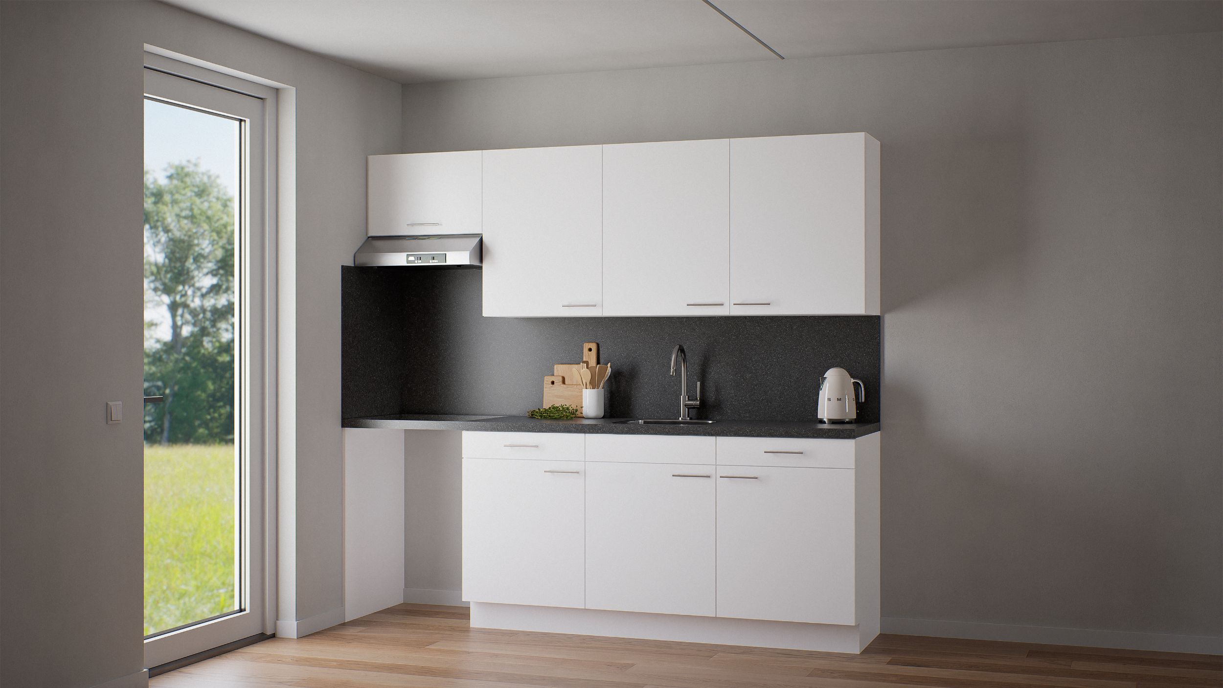 Artist Impression van een keuken die in een hoek van een eenlaags met kap, levensloopbestendige woning geplaatst is