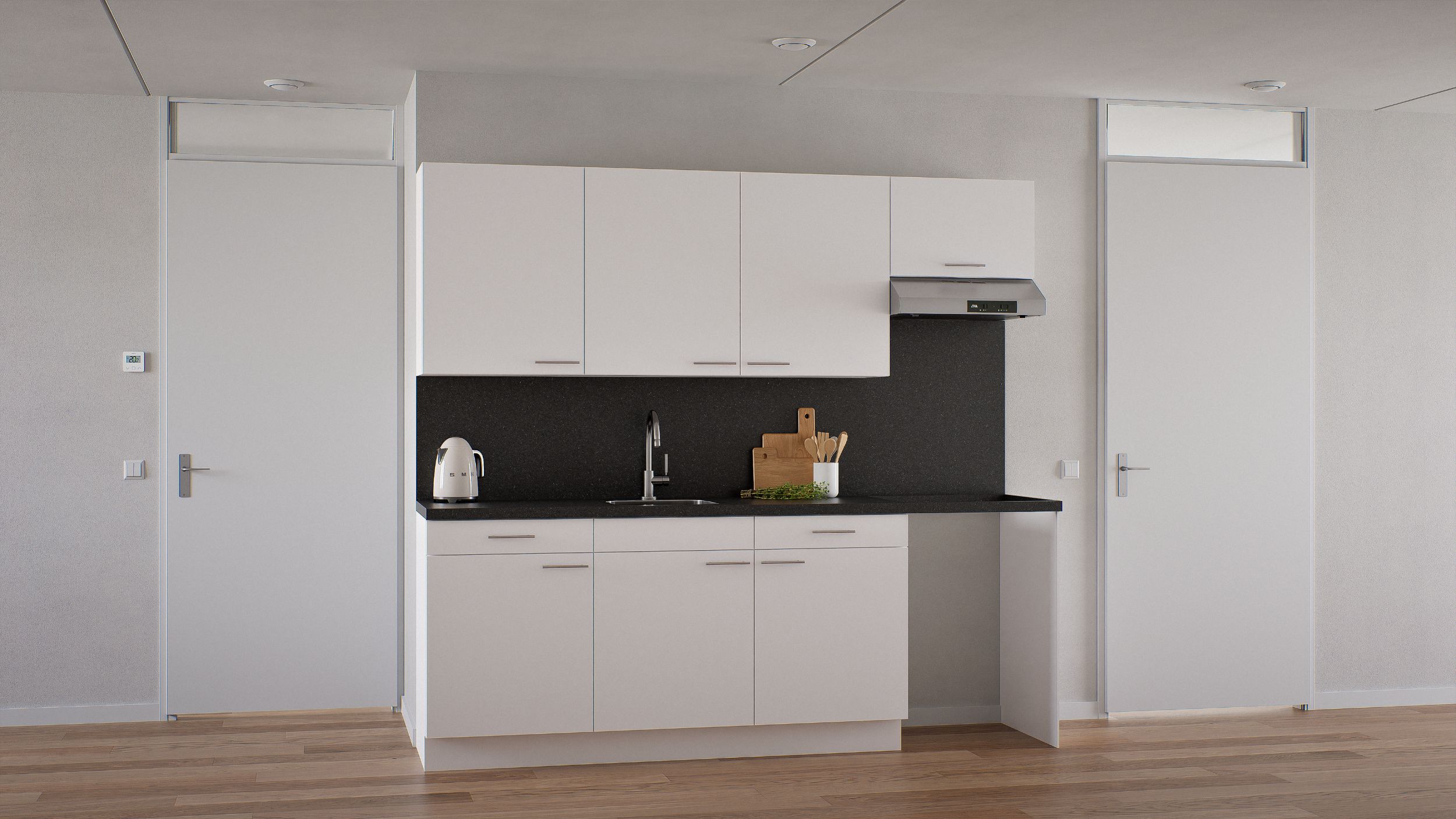 Artist Impression van een keuken die in het midden van een eenlaags met kap, levensloopbestendige woning geplaatst is