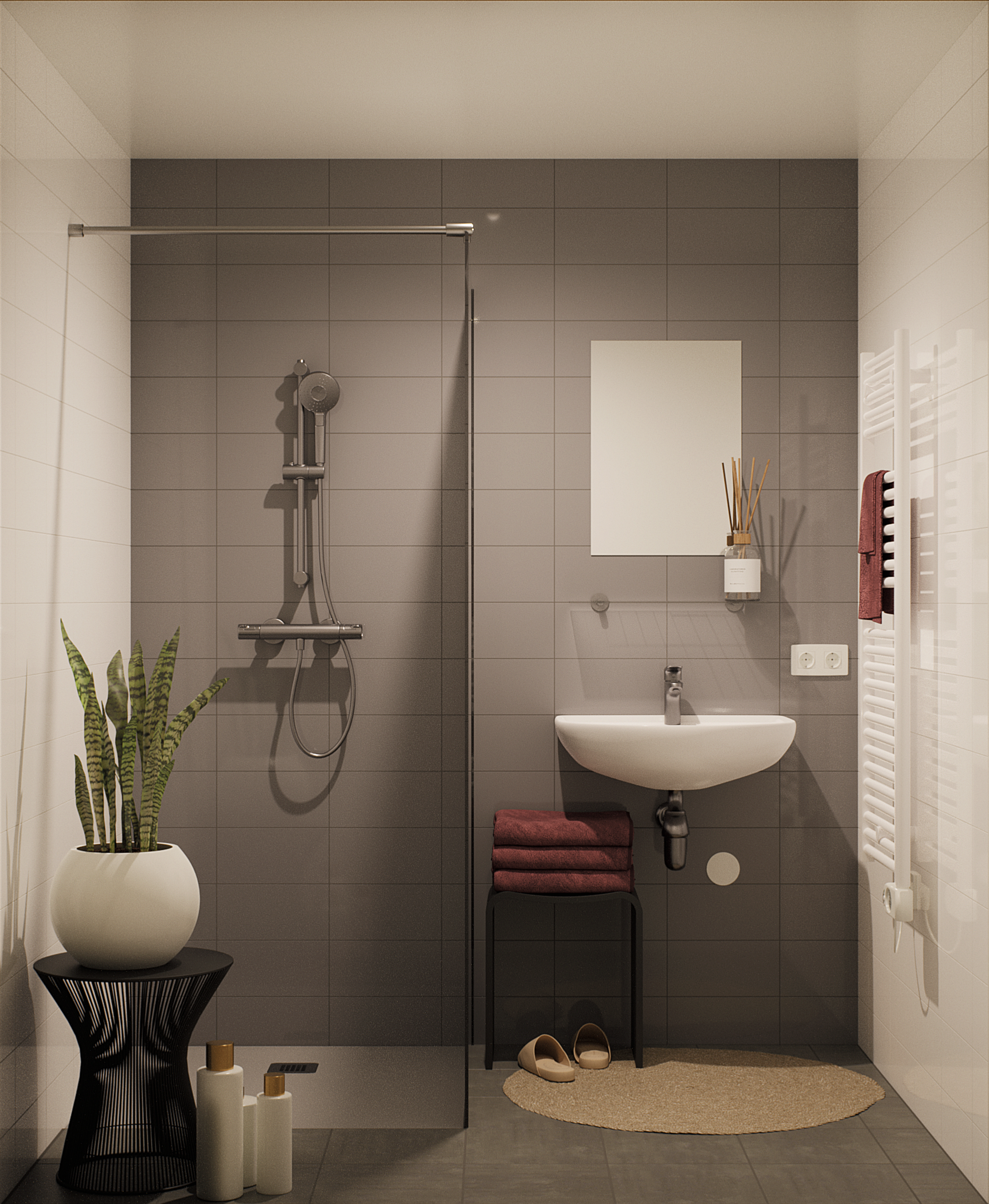 Render van badkamer in appartement - Douche + wastafel + grijze tegels