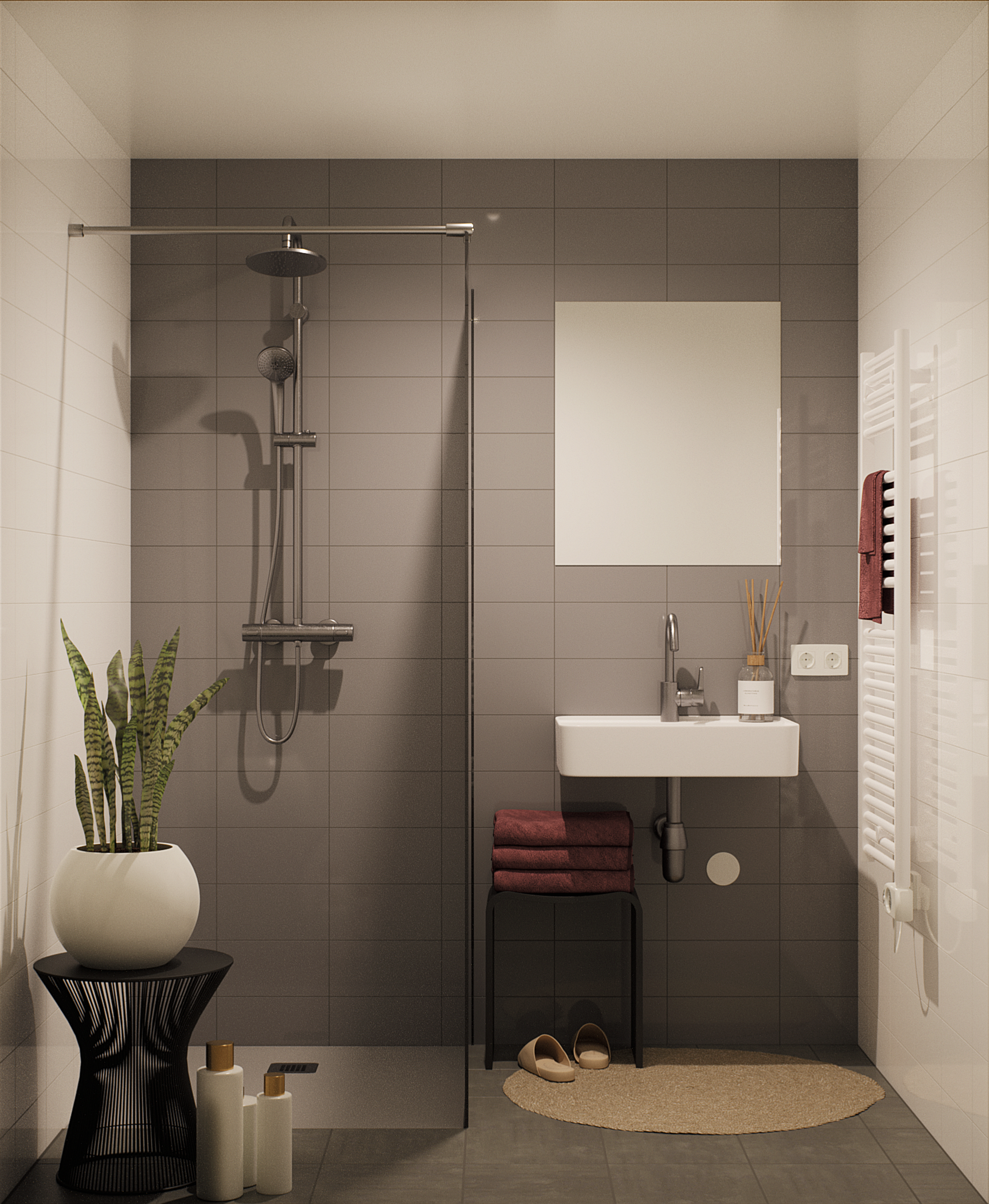 Render badkamer appartement - luxe pakket - Grijze tegels