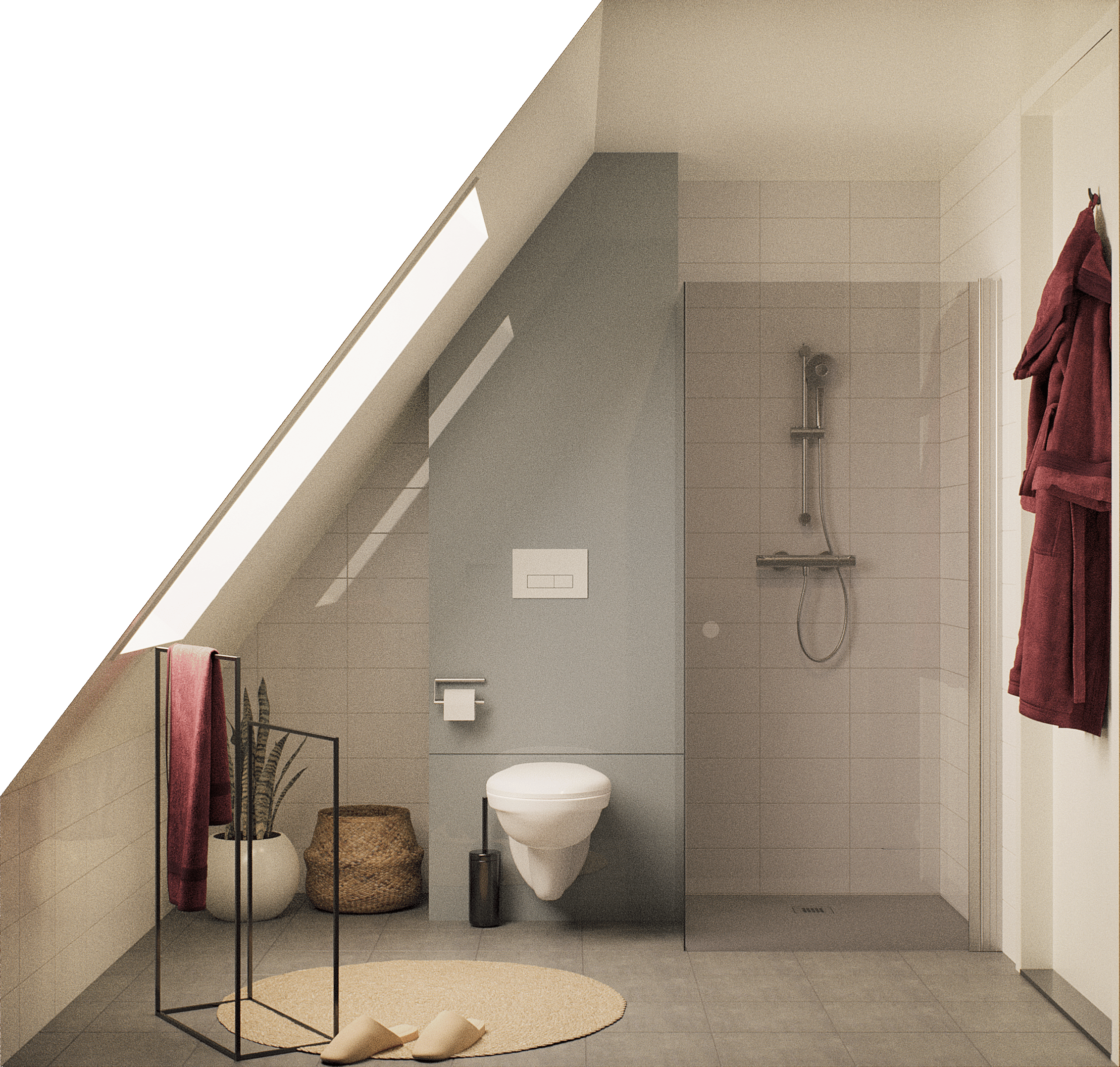 Render badkamer woningserie 1 - comfort - toilet en douche - grijze tegels