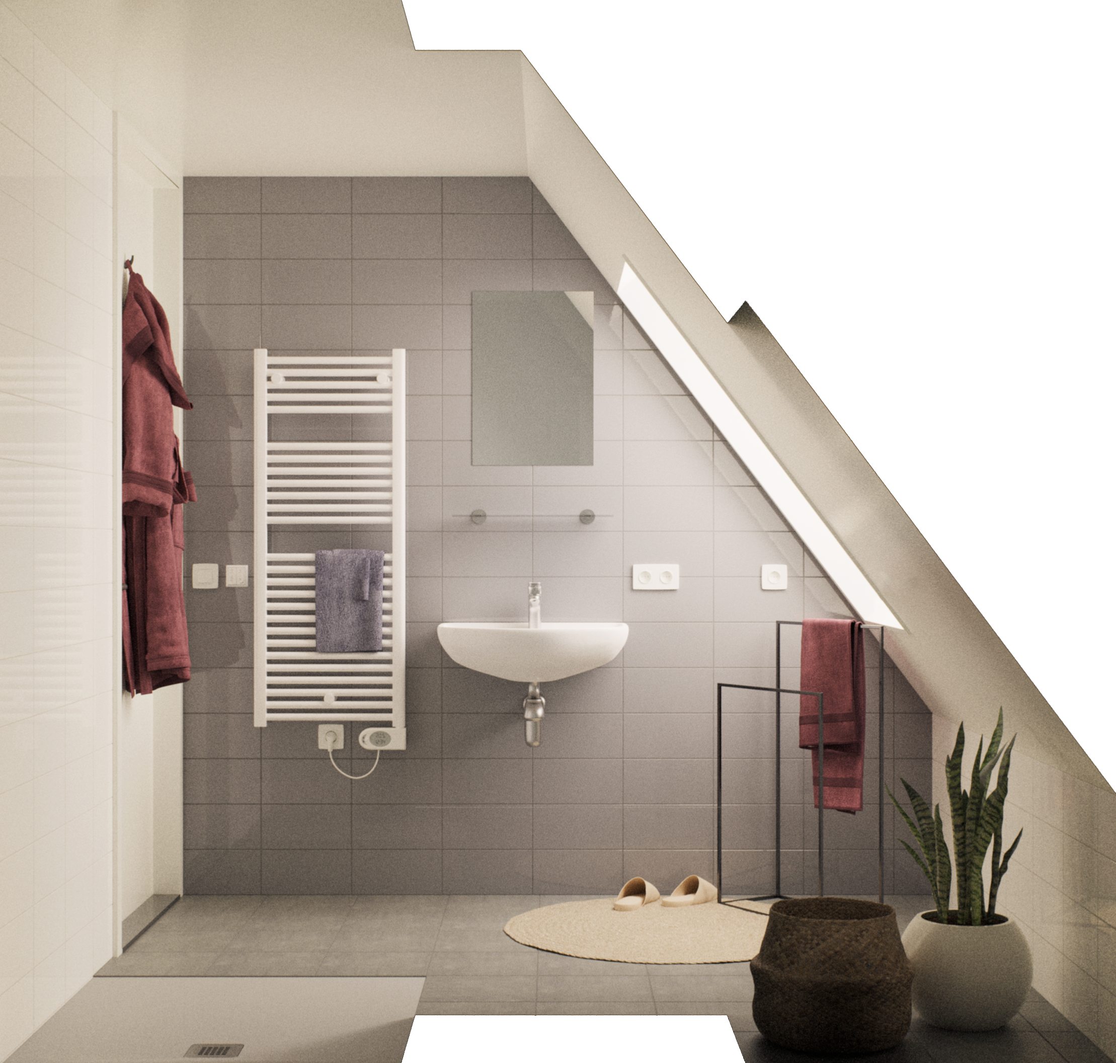 Render badkamer woningserie 1 - comfort - wastafel en radiator - grijze tegels