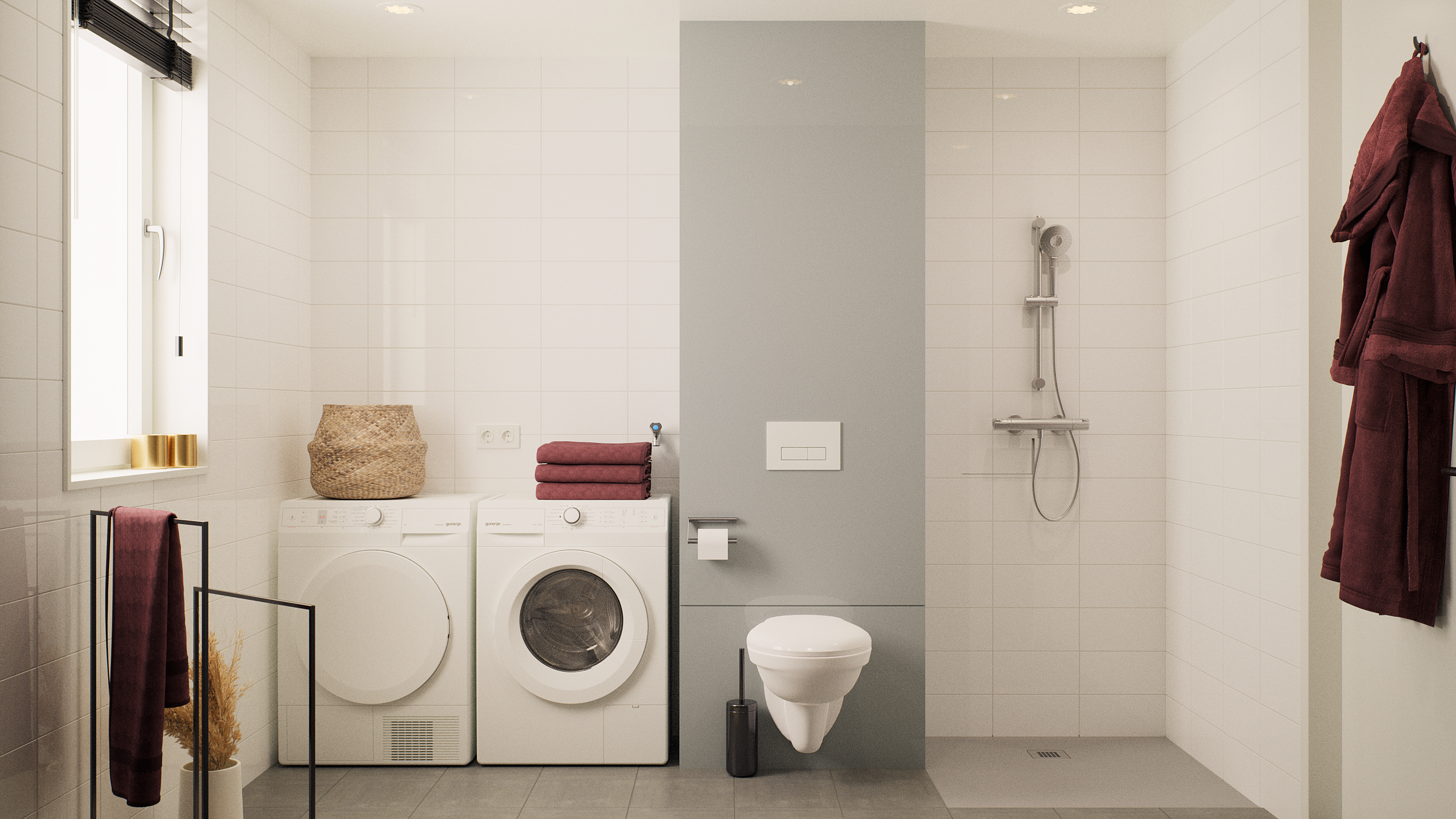 Render badkamer woningserie 2 en 3 - comfort - toilet en douche - witte tegels en grijze muur toilet