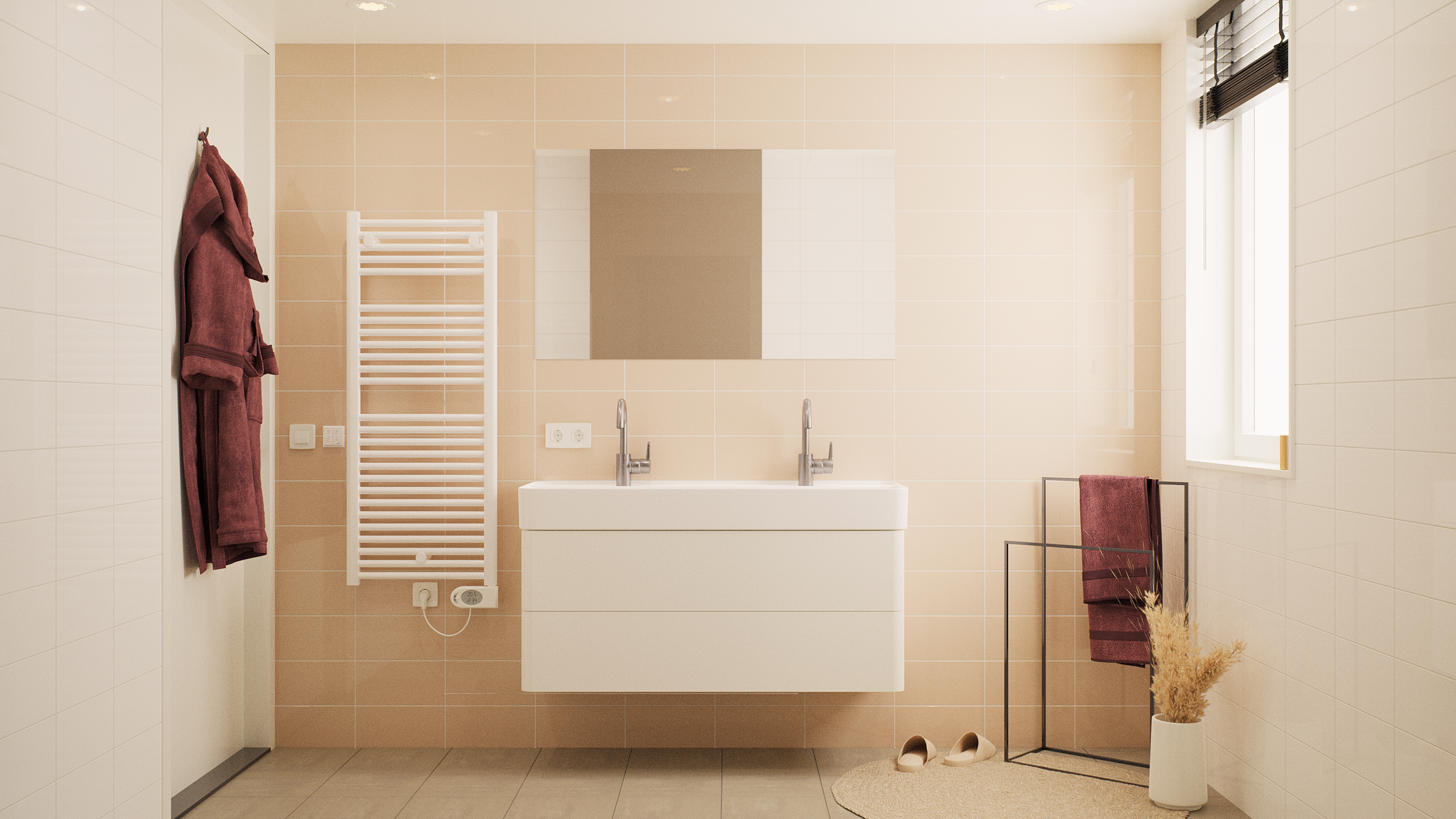 render badkamer woningserie 2 en 3 - Excellent - wastafel en radiator - beige tegels