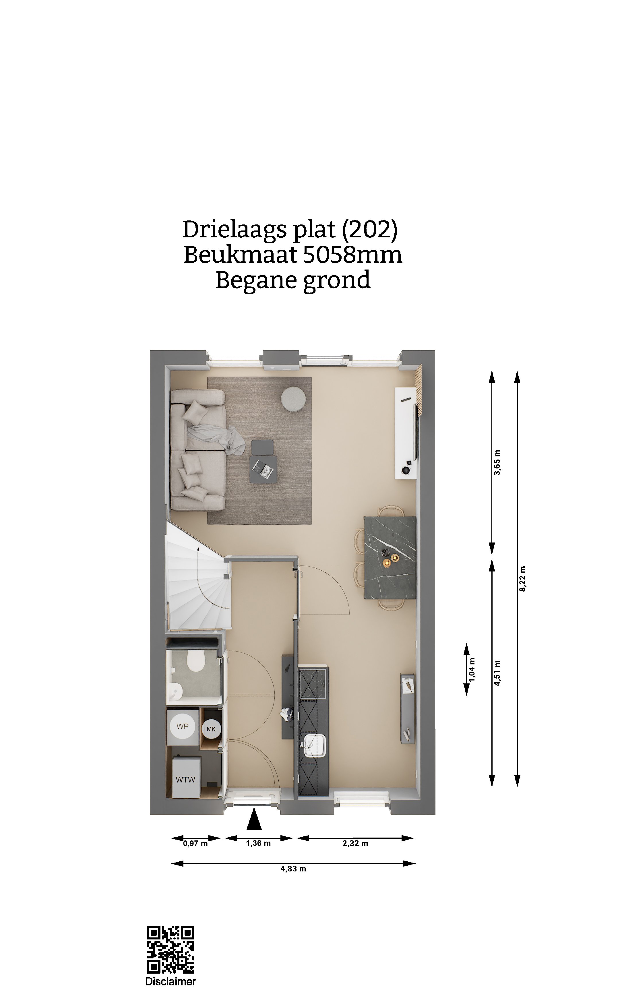 Plattegrond - Drielaags plat woning type 202 - Begane grond - Beukmaat 5058 - Keratop