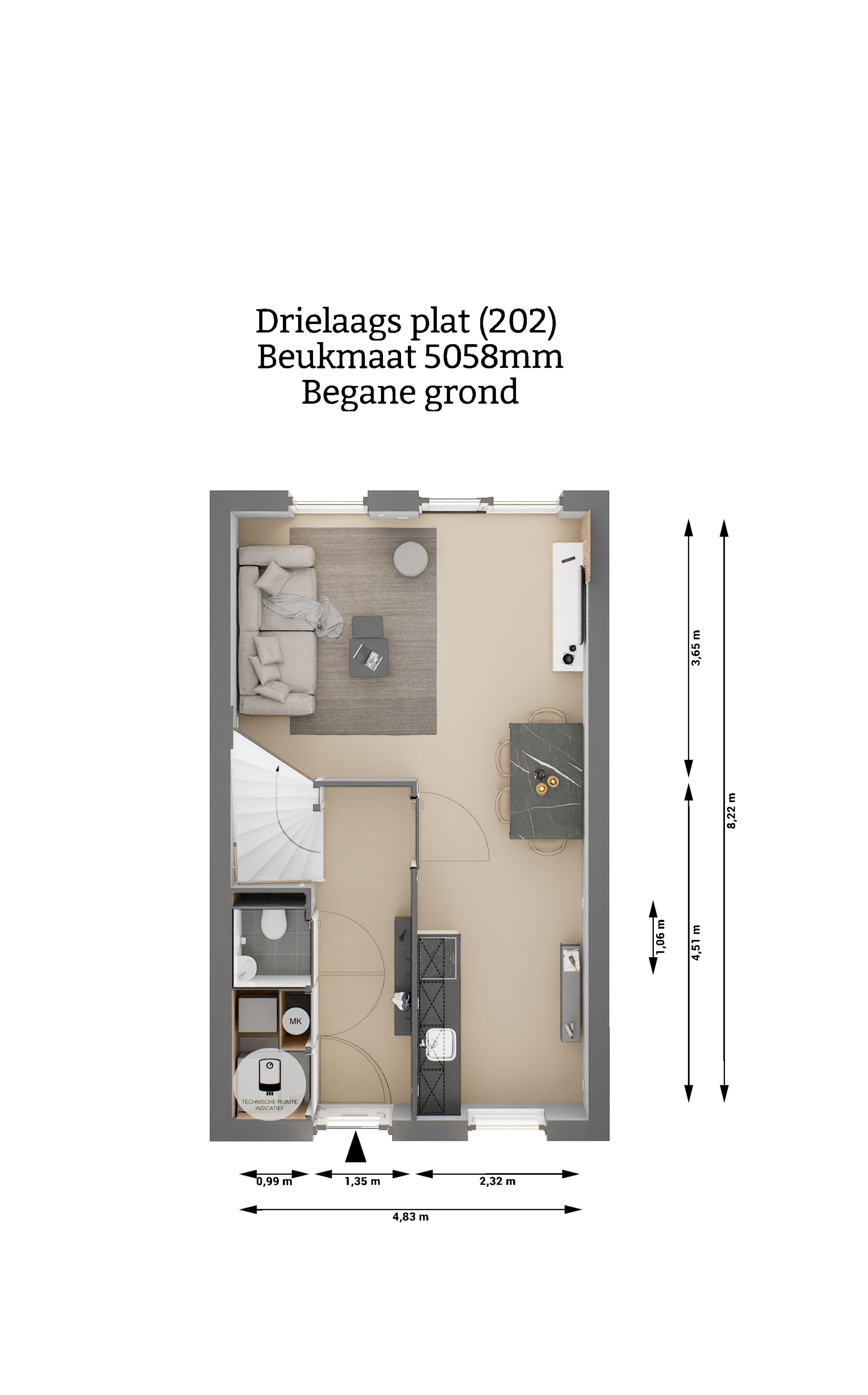 Plattegrond - Drielaags plat woning type 202 - Begane grond - Beukmaat 5058