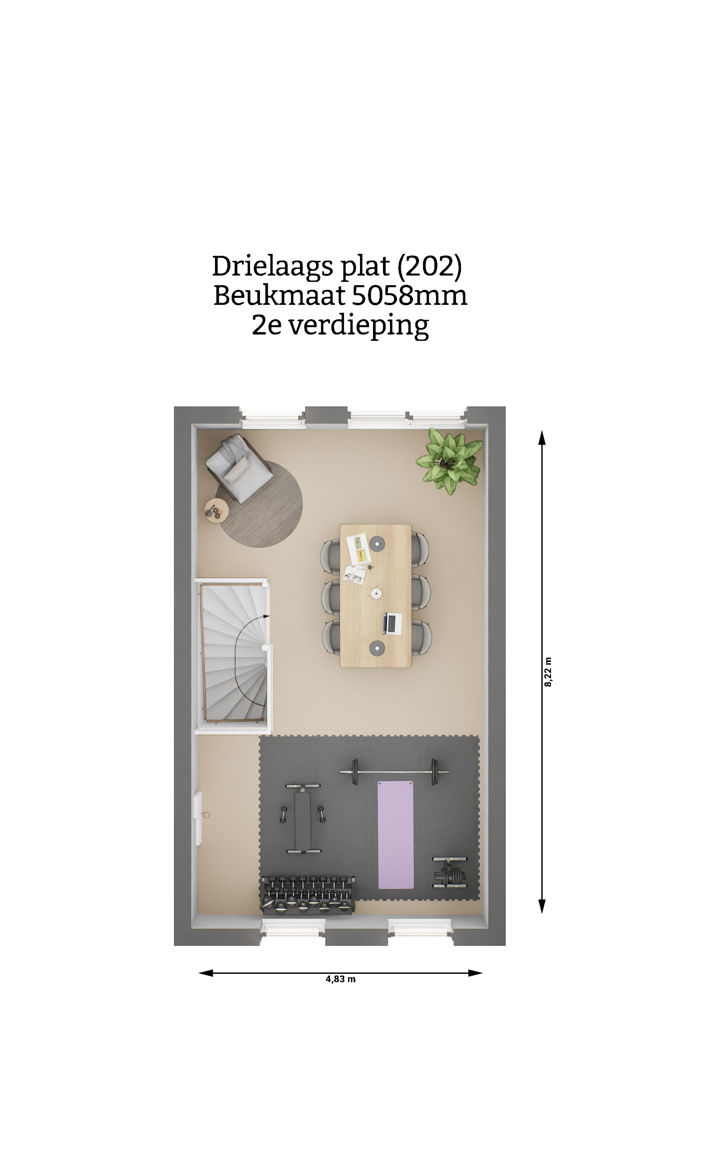 Plattegrond - Drielaags plat woning type 202 - tweede verdieping - beukmaat 5058