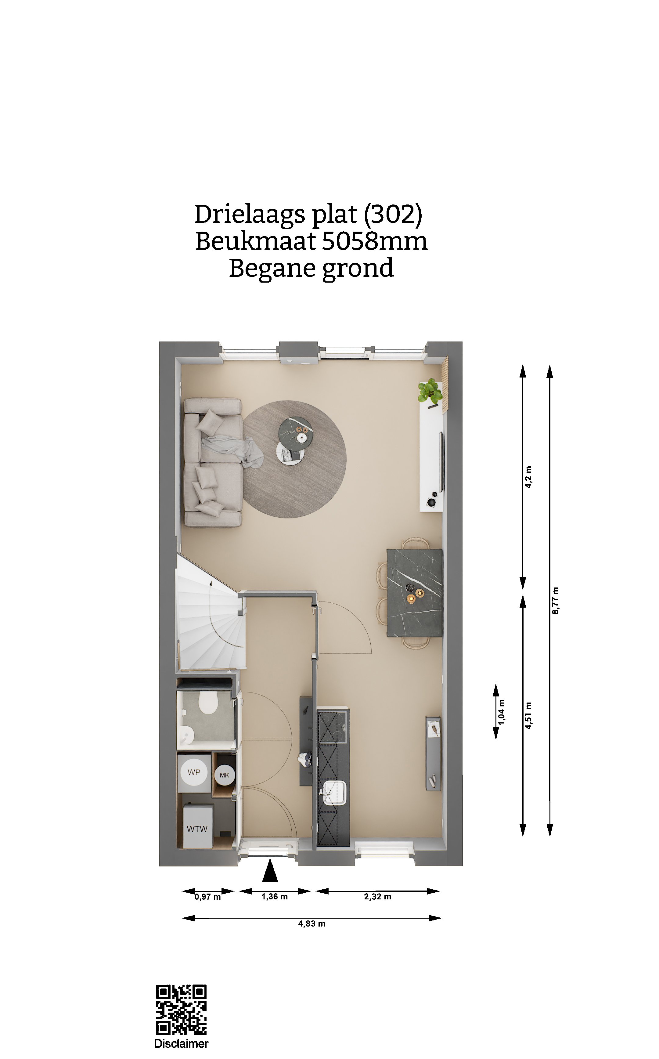 Plattegrond - Drielaags plat woning type 302 - Begane grond - beukmaat 5058 - Keratop