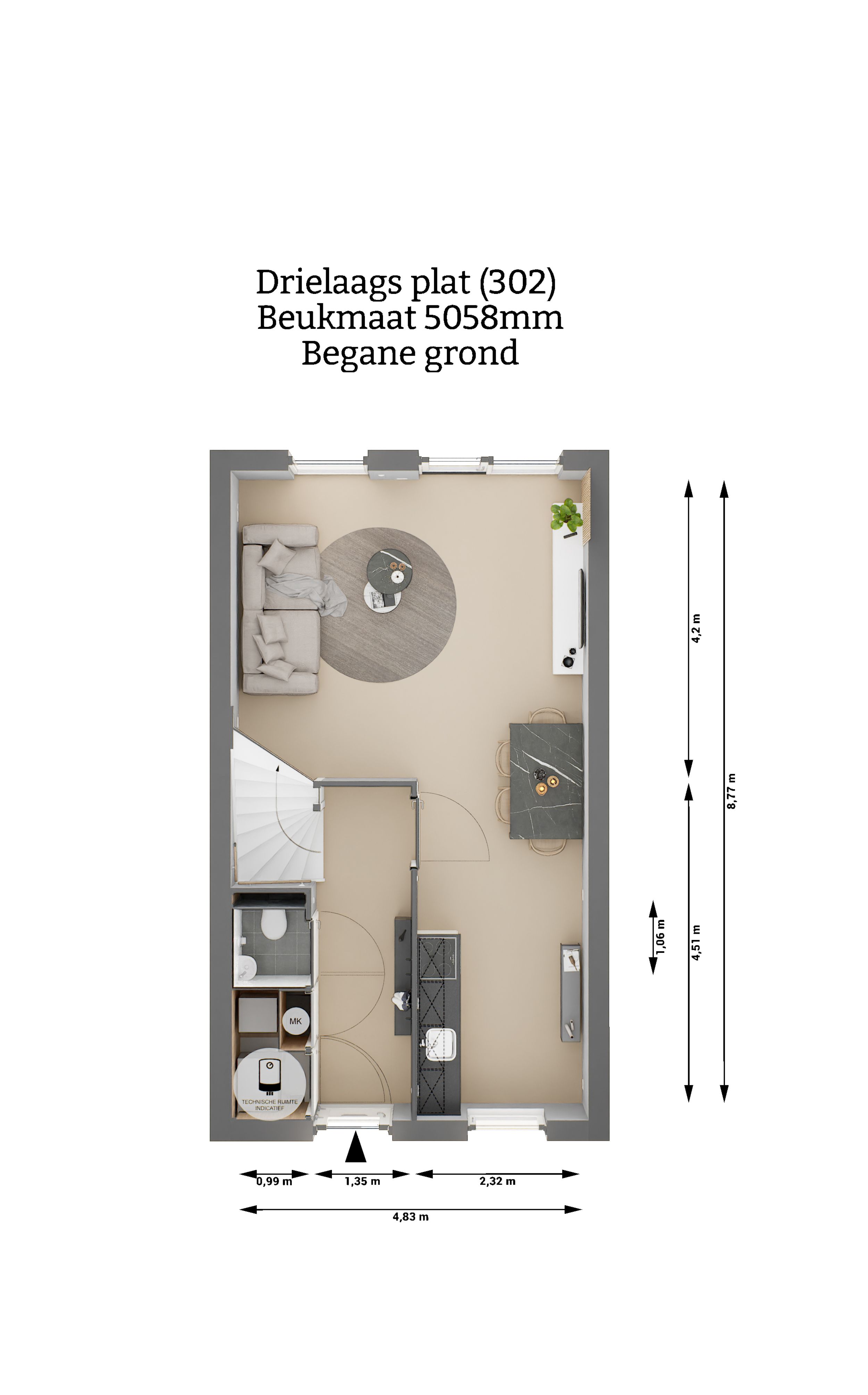 Plattegrond - Drielaags plat woning type 302 - Begane grond - beukmaat 5058