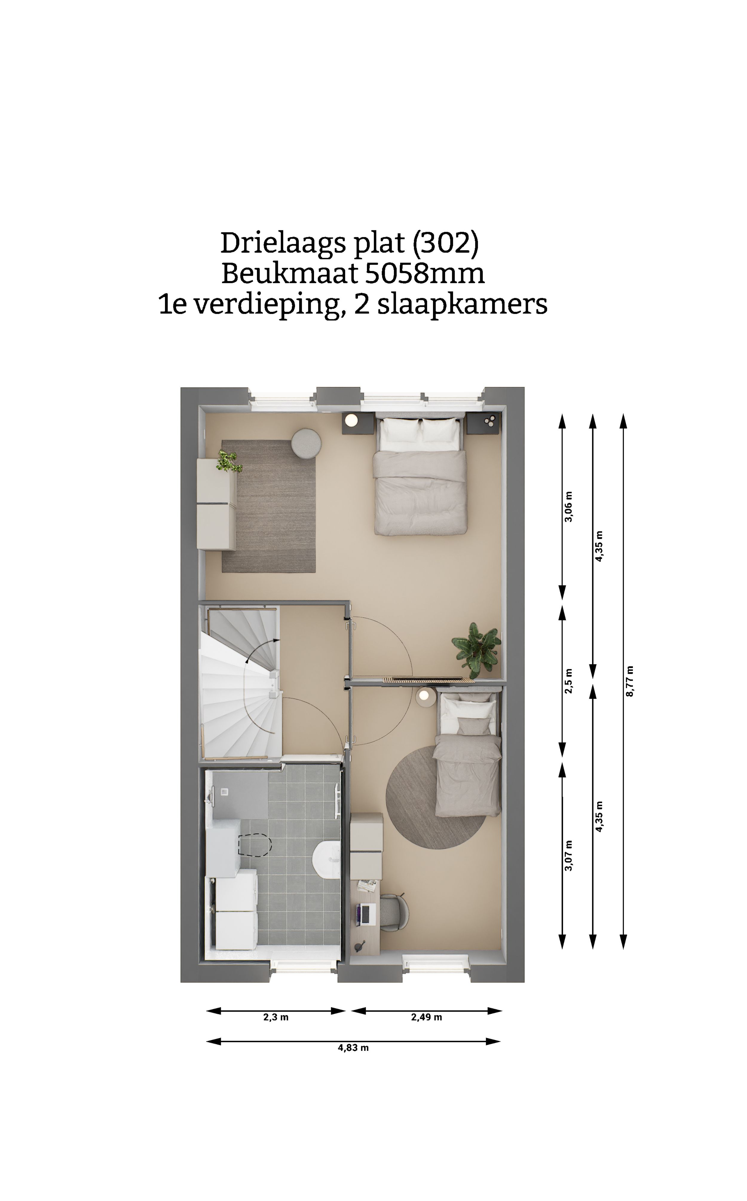 Plattegrond - Drielaags plat woning type 302 - eerste verdieping - twee slaapkamers - beukmaat 5058