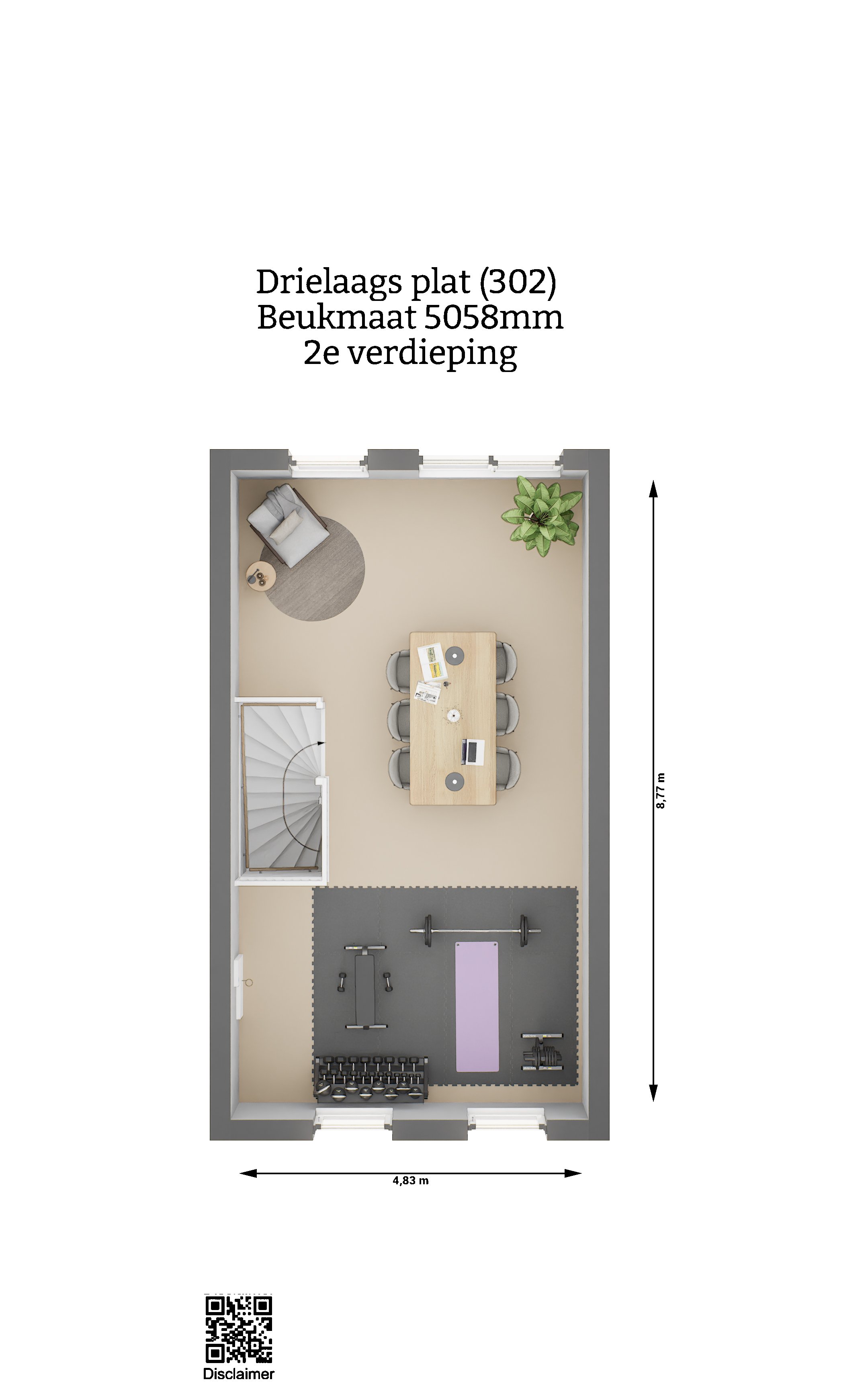 Plattegrond - Drielaags plat woning type 302 - tweede verdieping - Beukmaat 5058 - Keratop