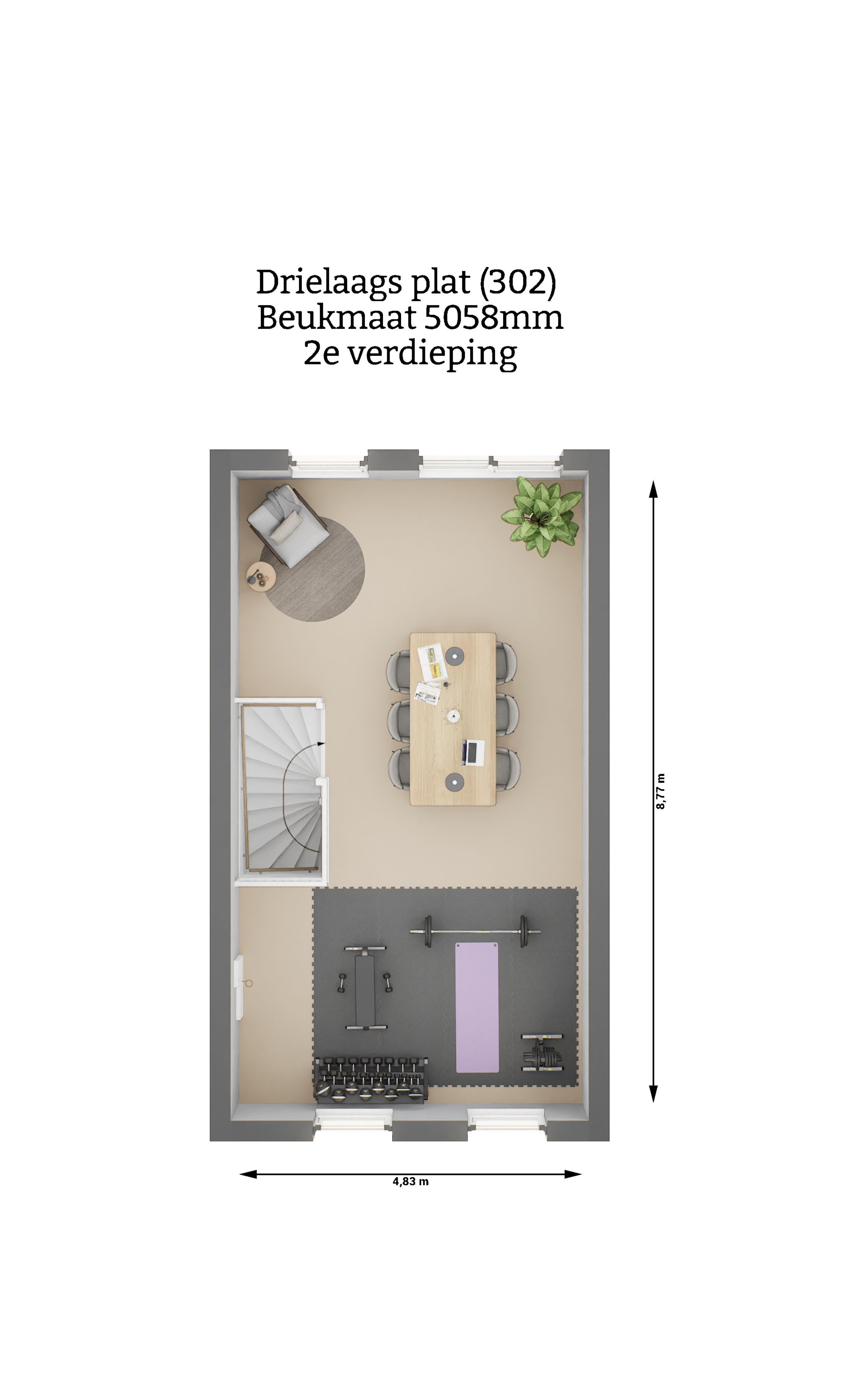 Plattegrond - Drielaags plat woning type 302 - tweede verdieping - Beukmaat 5058