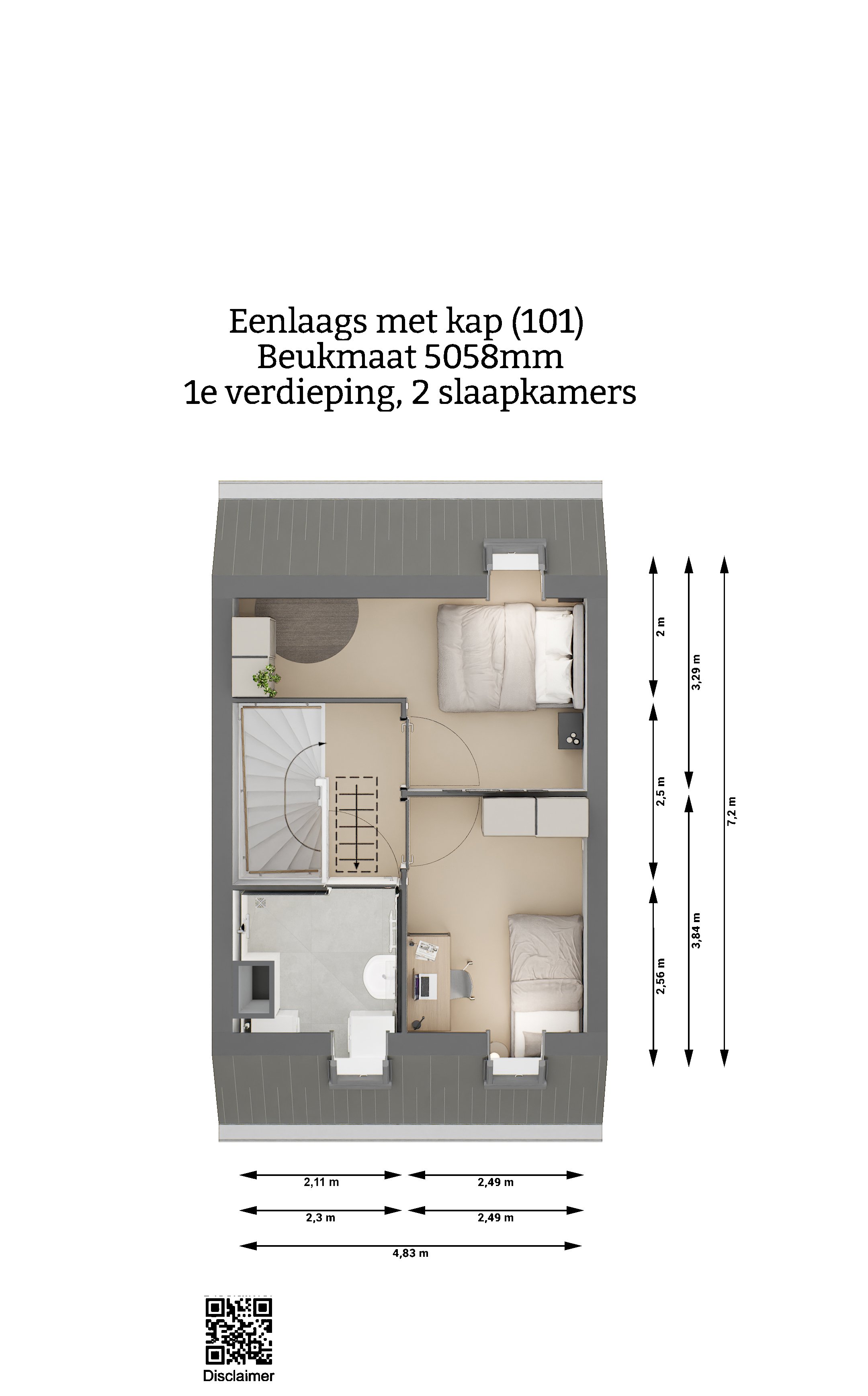 Plattegrond - Eenlaags met kap woning - Eerste verdieping - 2 slaapkamers - Beukmaat 5058 - Keratop