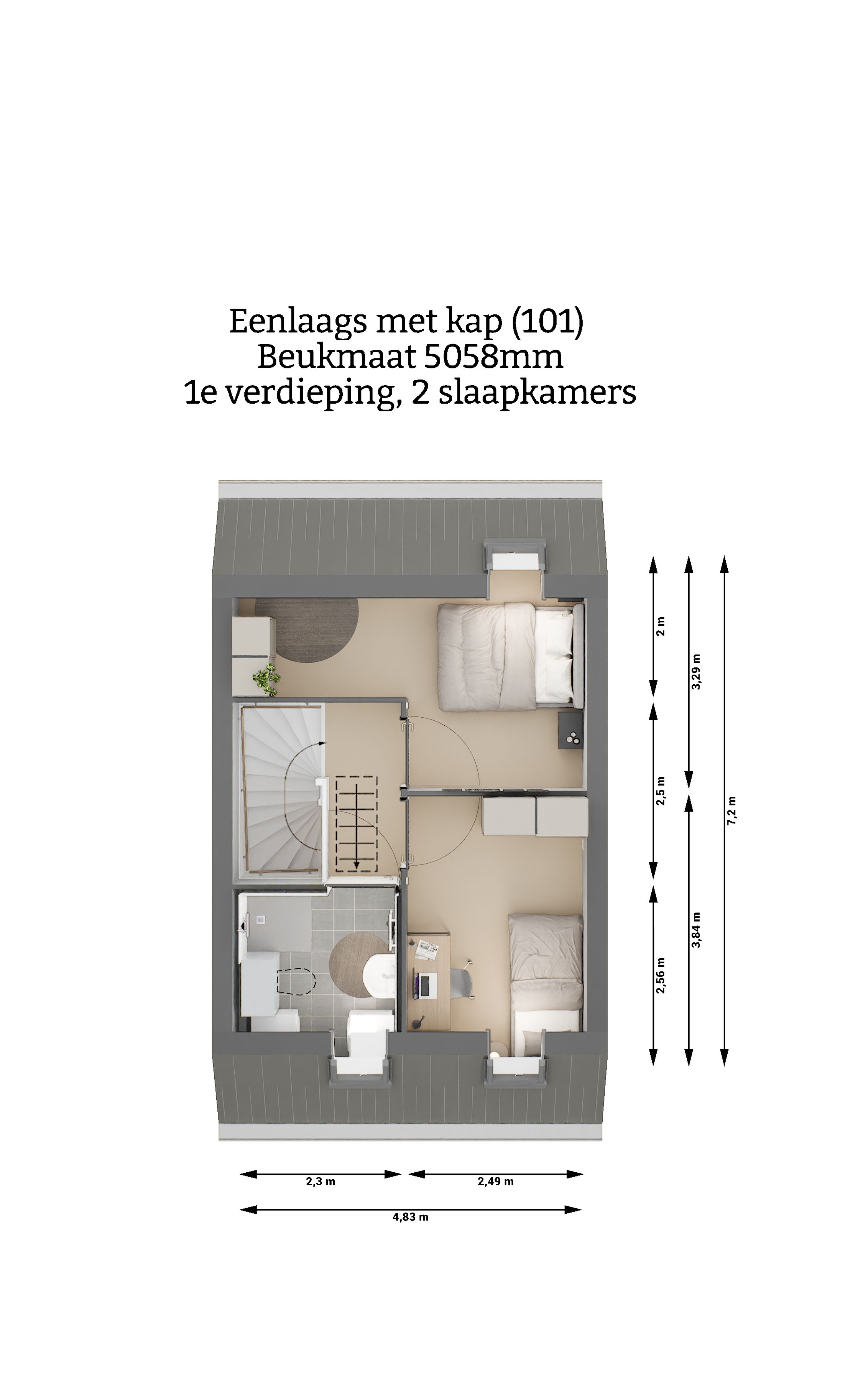 Plattegrond - Eenlaags met kap woning - Eerste verdieping - 2 slaapkamers - Beukmaat 5058