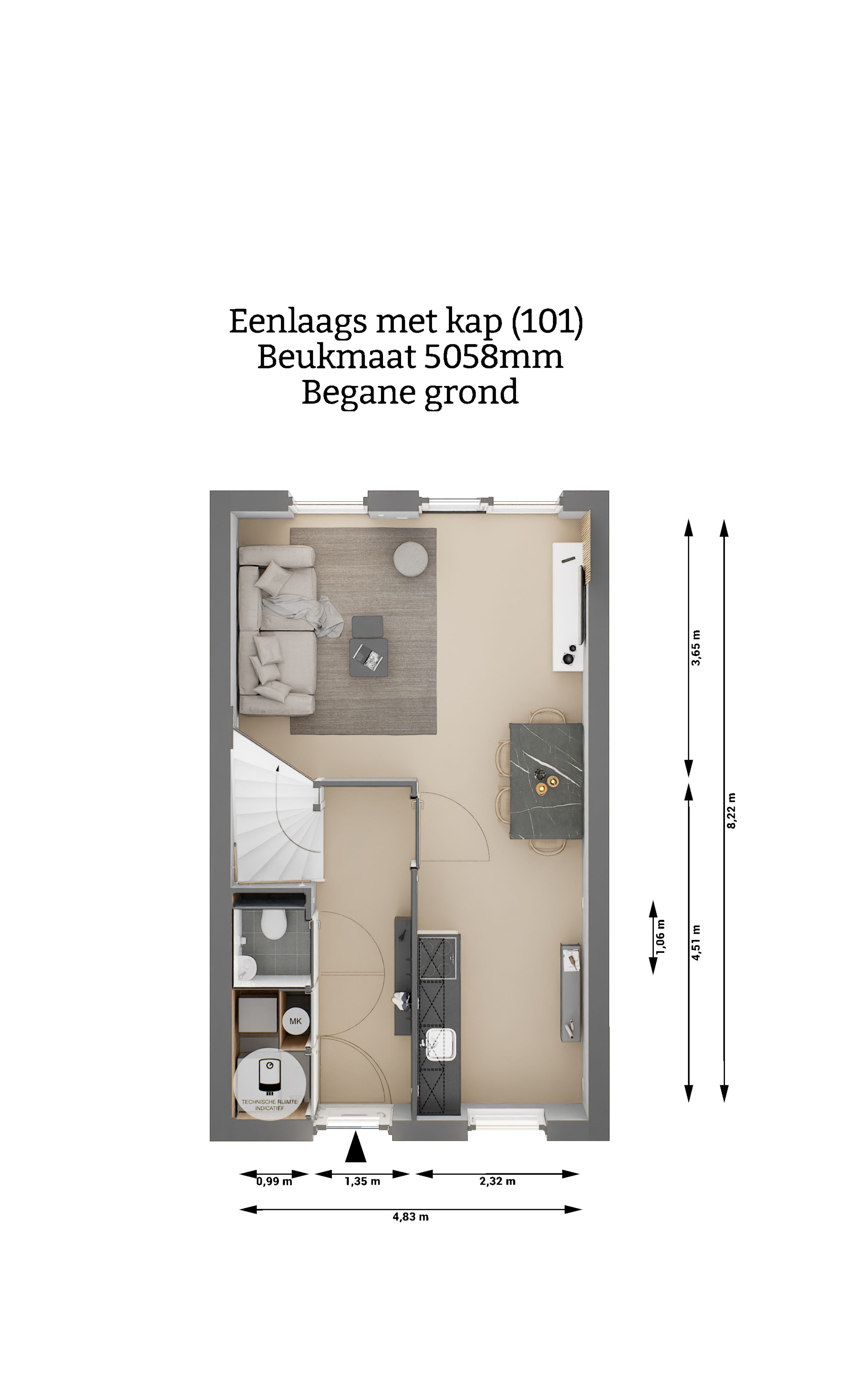 Plattegrond - Eenlaags met kap woning - begange grond - beukmaat 5058