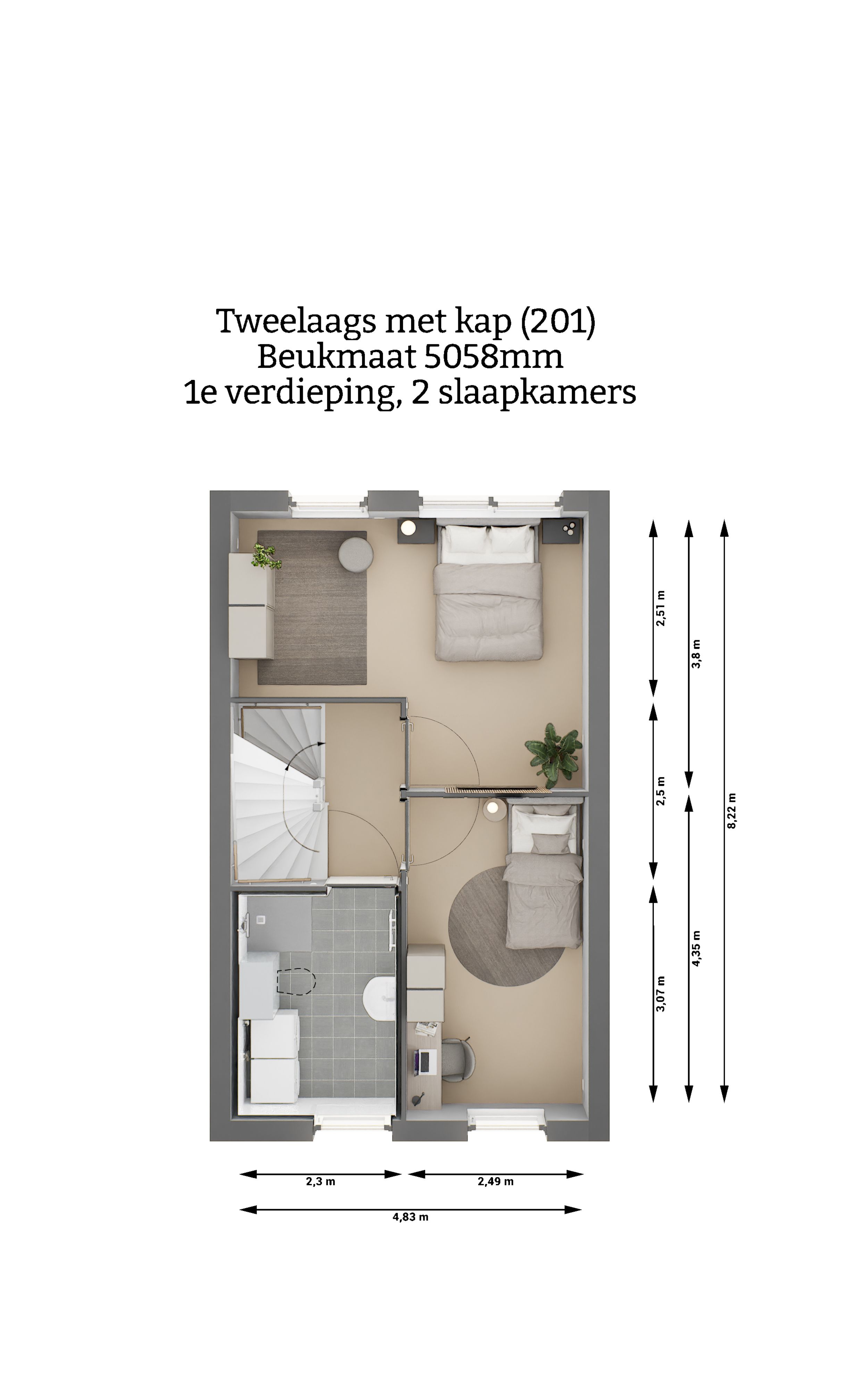 Plattegrond - Tweelaags met kap woning - eerste verdieping - twee slaapkamers - Beukmaat 5058