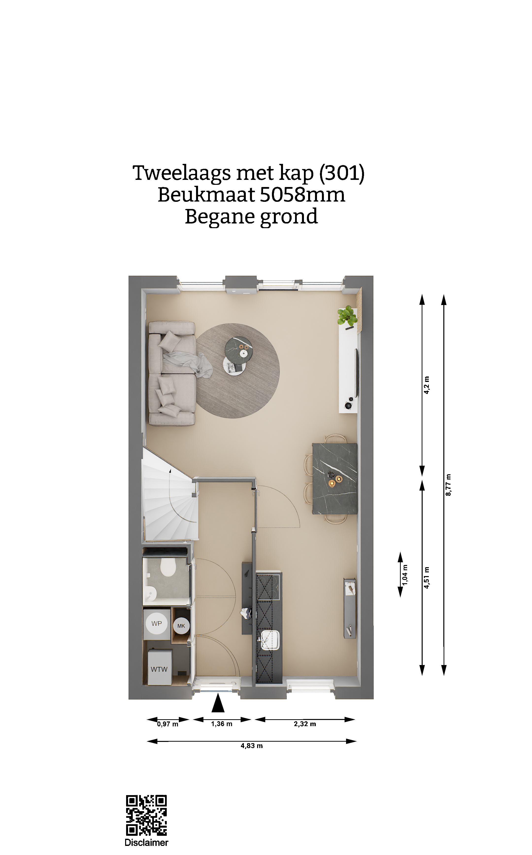 Plattegrond - Tweelaags met kap woning type 301 - Begane grond - Beukmaat 5058 - Keratop